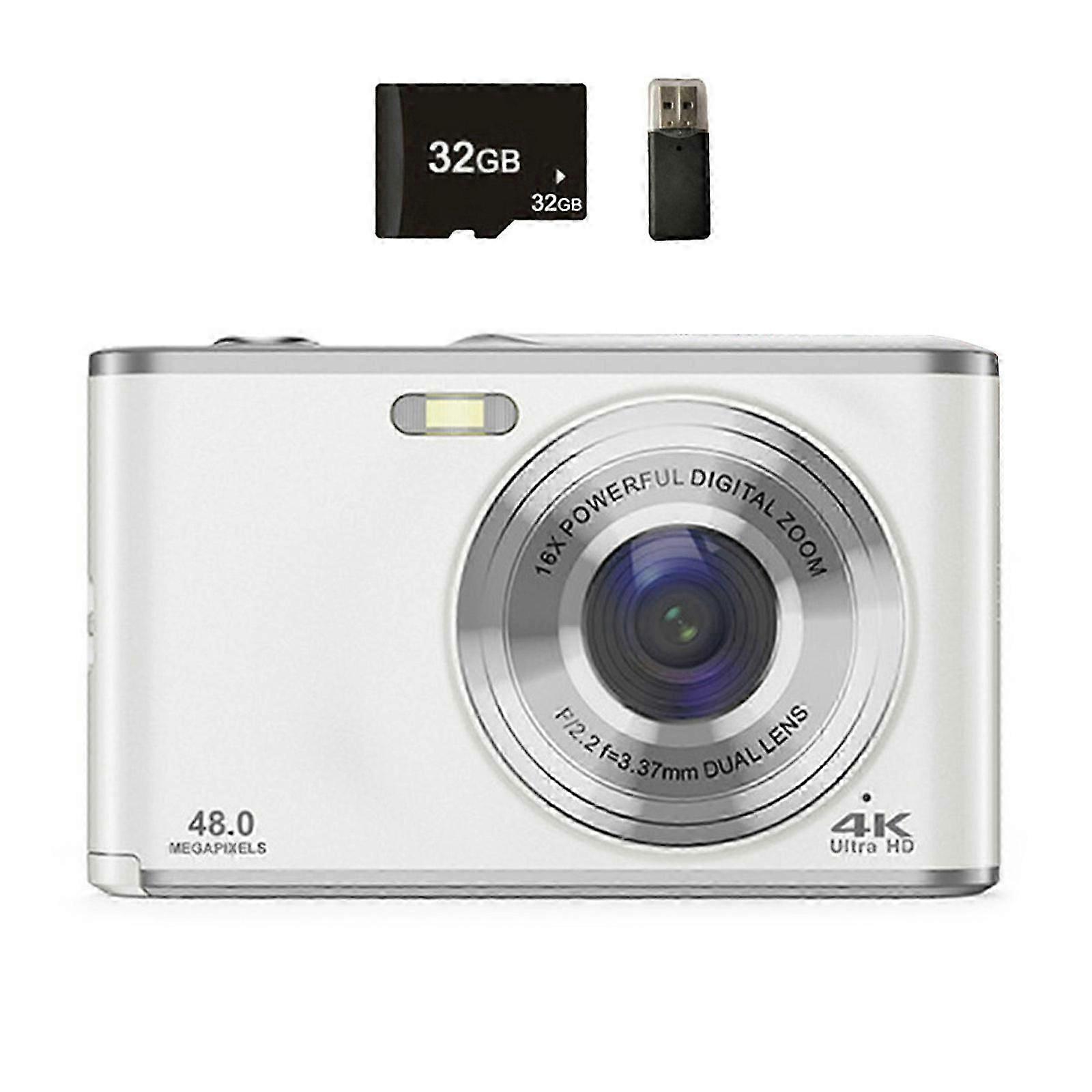 4K Digital Camera 48MP Autofocus Two Lens 16X Zoom Photo Shoot Camera with 32GB Memory Card  White