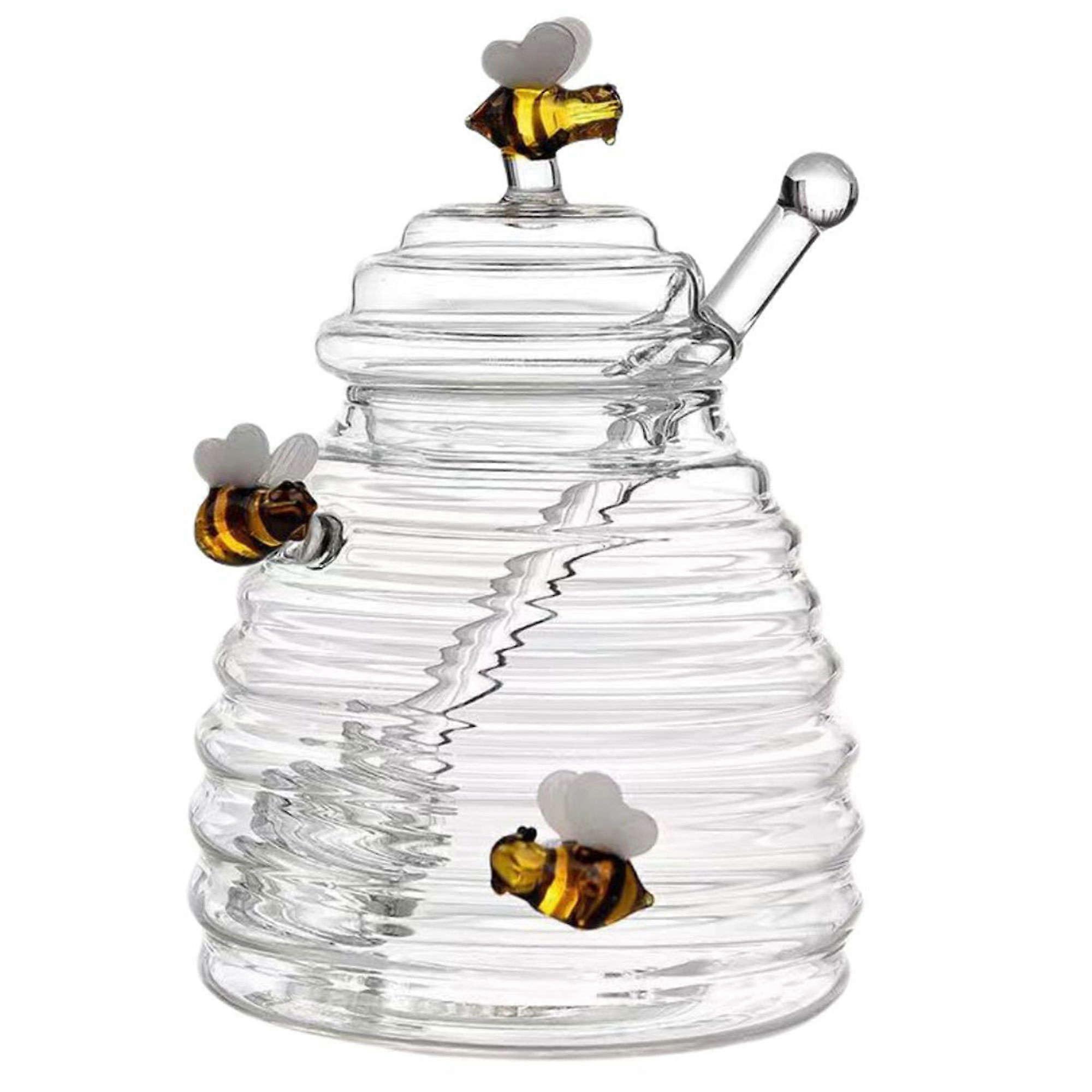 Glass Storage Jars For Honey Honey Jar With Lid And Dipper, Clear Syrup Container, Home Kitchen Color: Three Bees