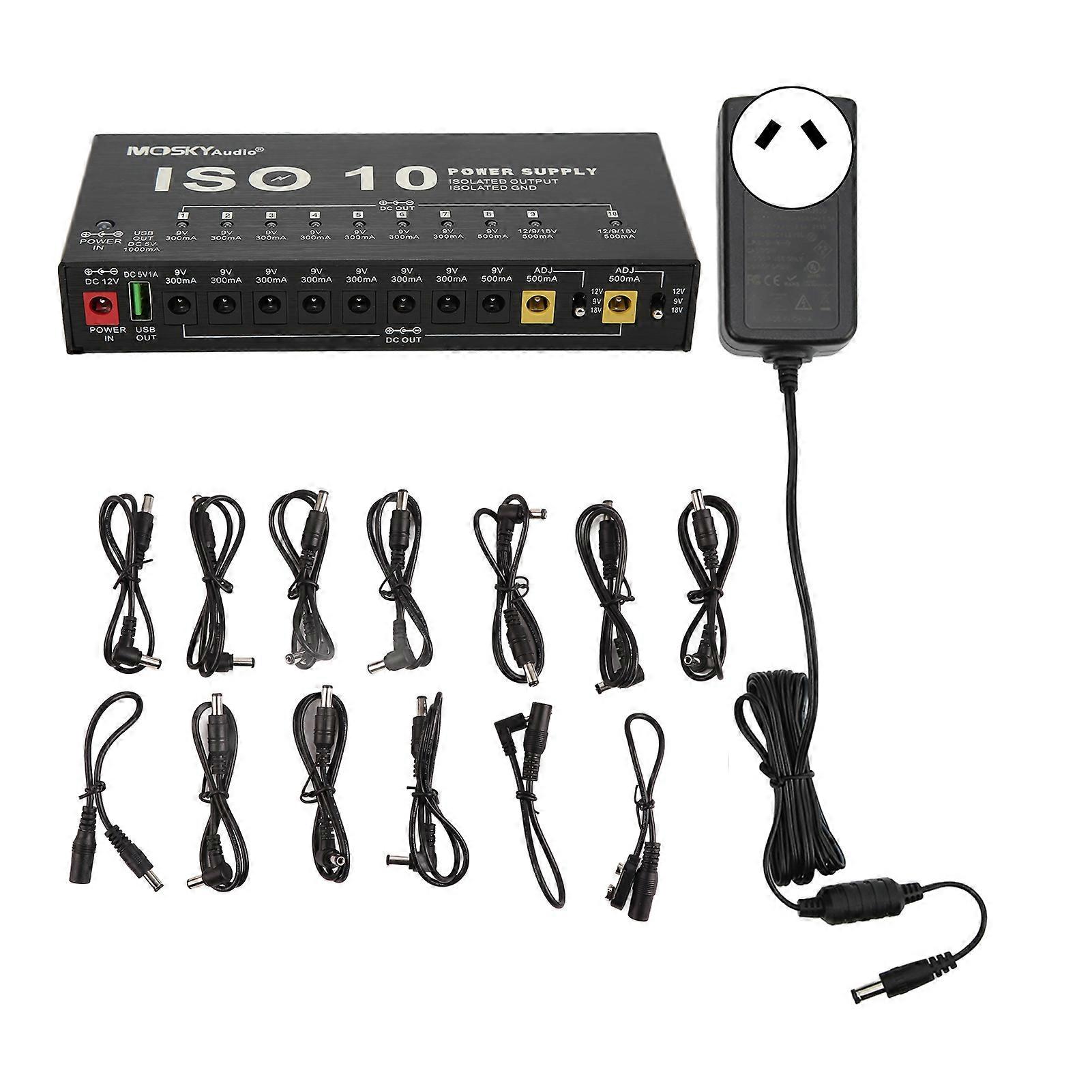 Guitar Pedal Power Supply, 10 Isolated Outputs, Multi-Effects, with 2 Adjustable Voltages, AU Plug 100-240V