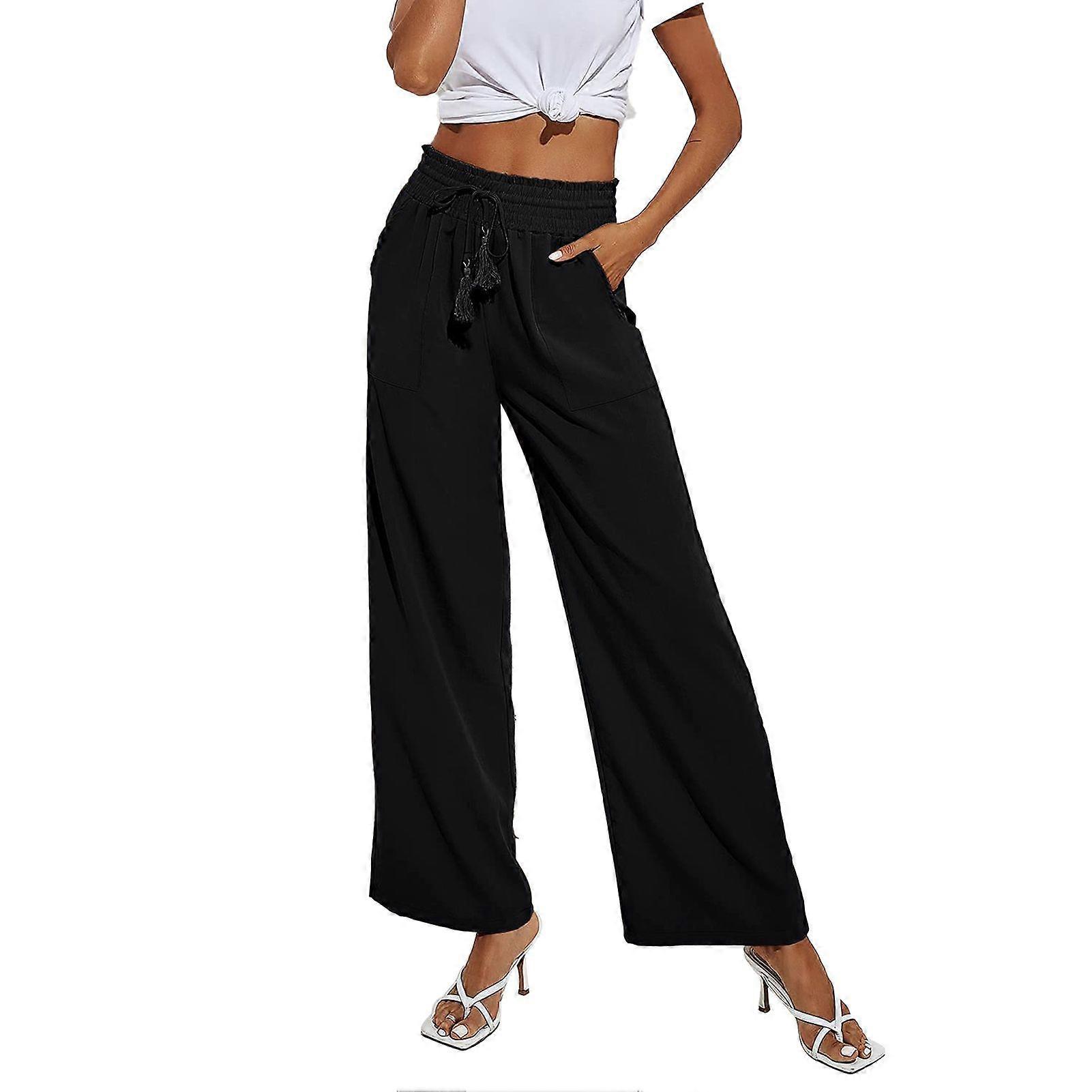 Woman Wide Leg Pants Drawstring High Waist Long Casual Trousers for Holidays Travel Beach Office Work Black M