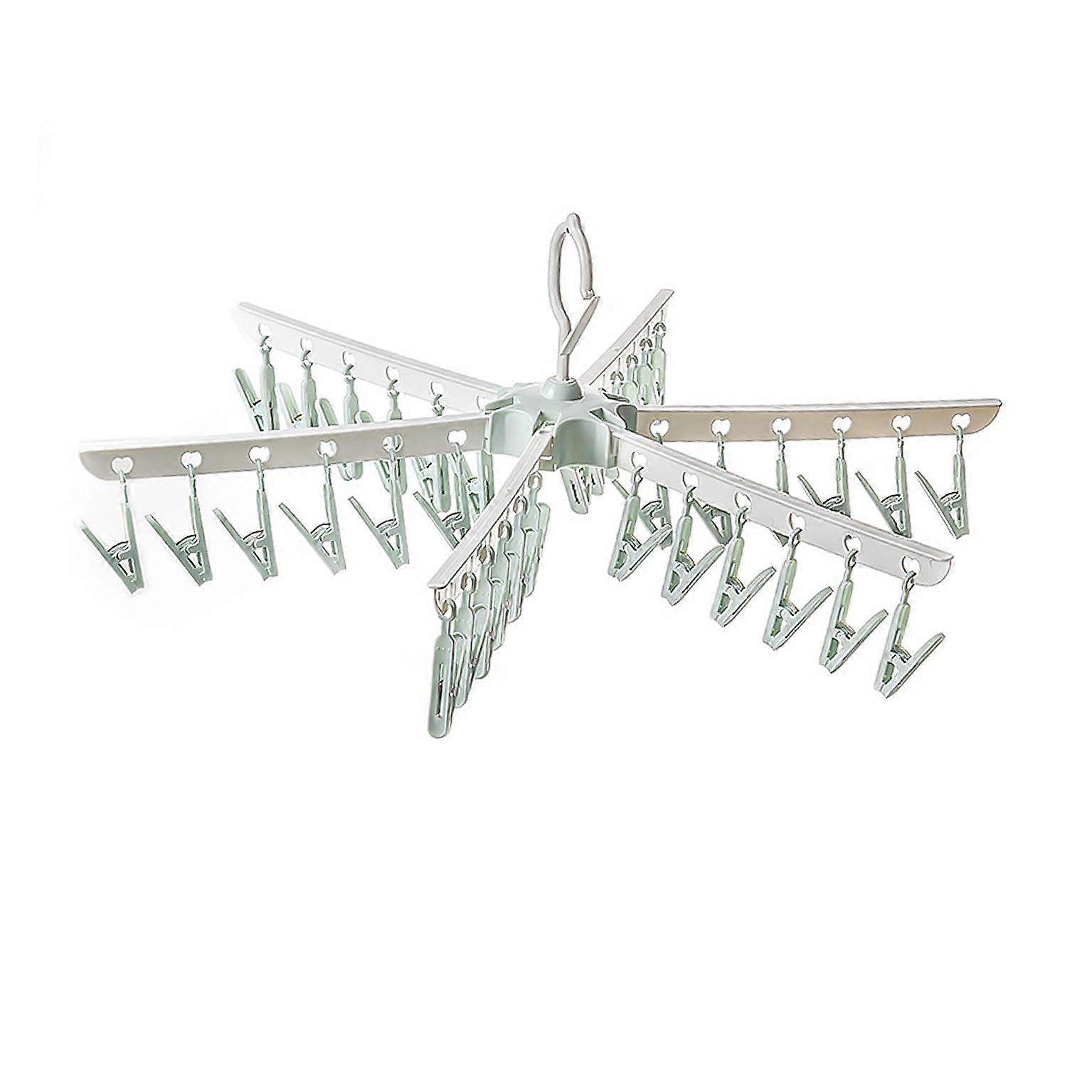 36 Clips Plastic Folding Hanger, Rotating Drying Hanger, Windproof Clothes Hanger, Sock Dryer for Socks and Hats, Green