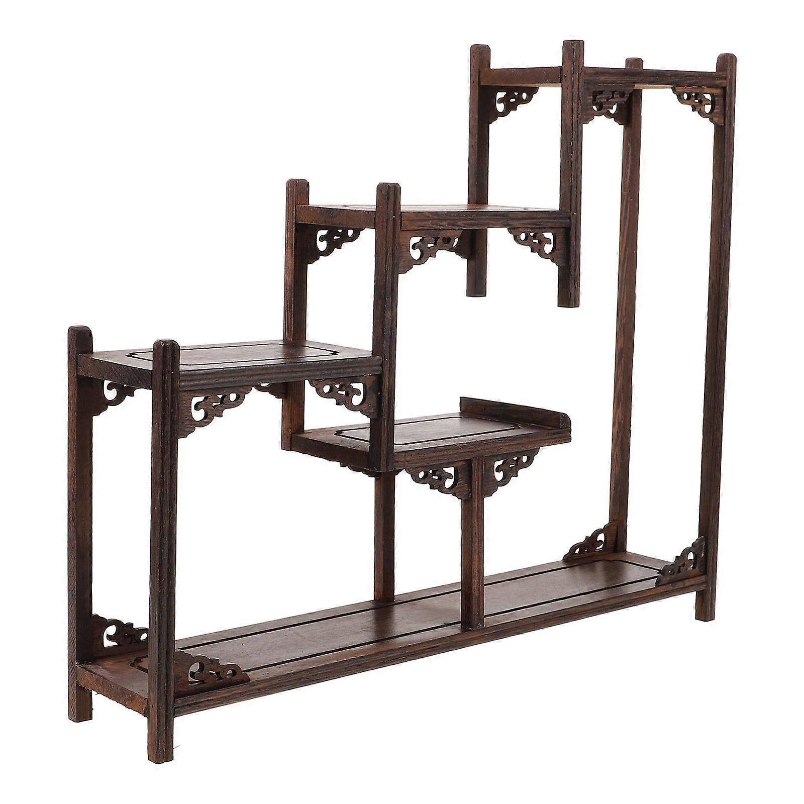 Antique Display Shelf 2Pcs Multi-Layer Wooden Showcase Stand For Home Decoration Pavilion-Shaped Structure In Light Brown Finish