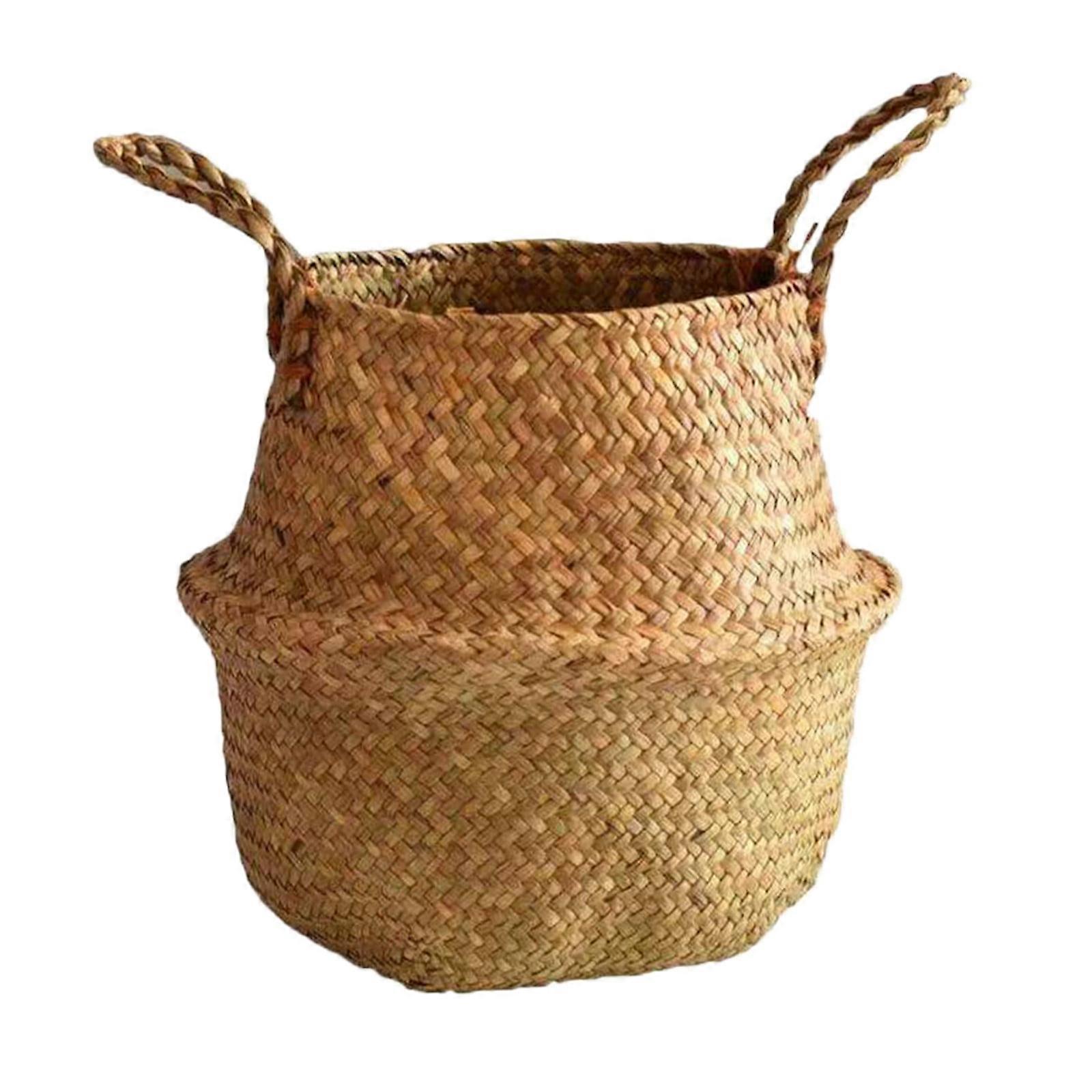 XIUH Home Decoration Wreath Handle with Handle Collapsible Straw Plaited Pushgrass Storage Basket Pot Basin Plaited Rattan Basket (A)