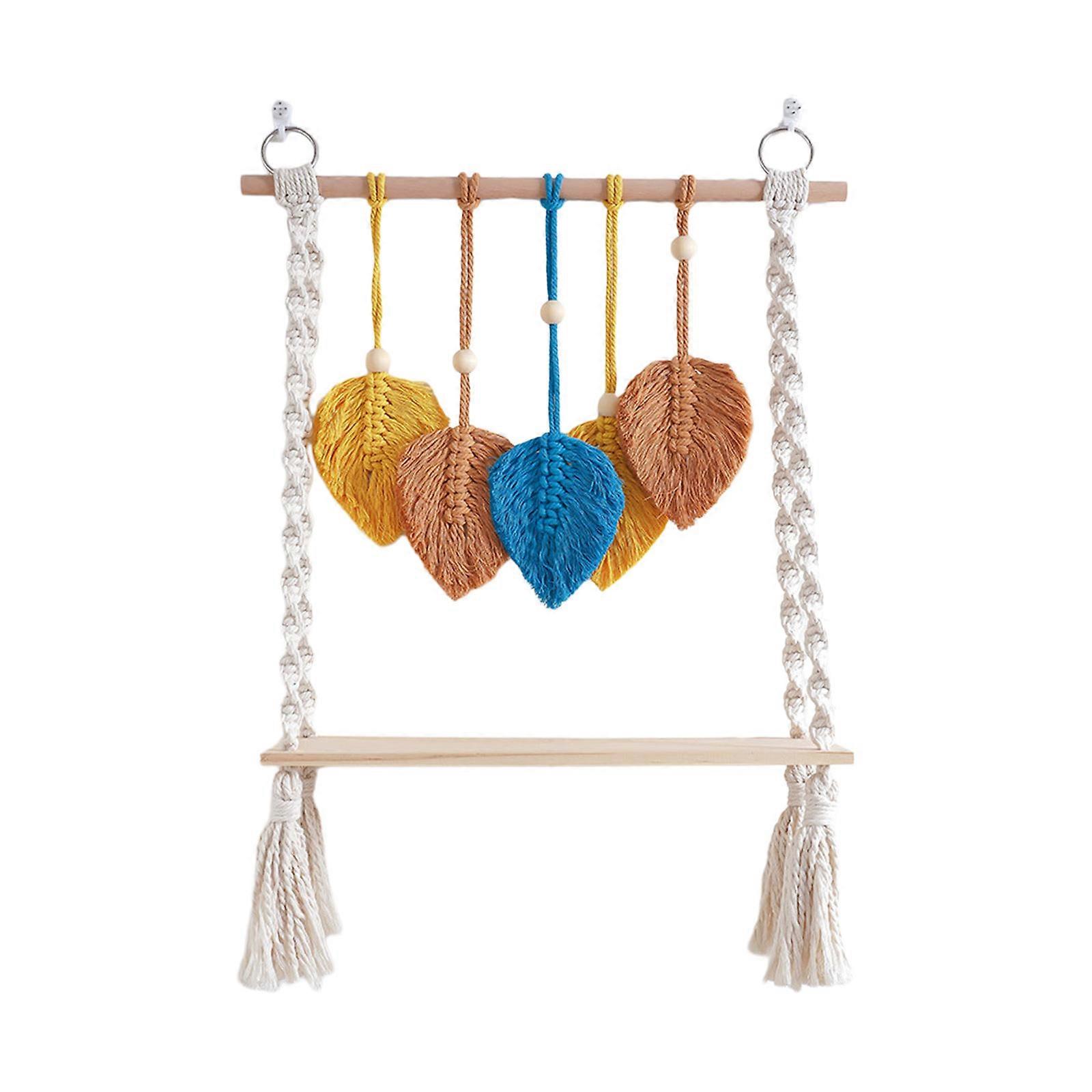 Bohemian Floating Shelf Wood Leaf Shaped Wall Storage Rack Handwoven Display Shelf Chic Ornament for Home and Office Multicolor