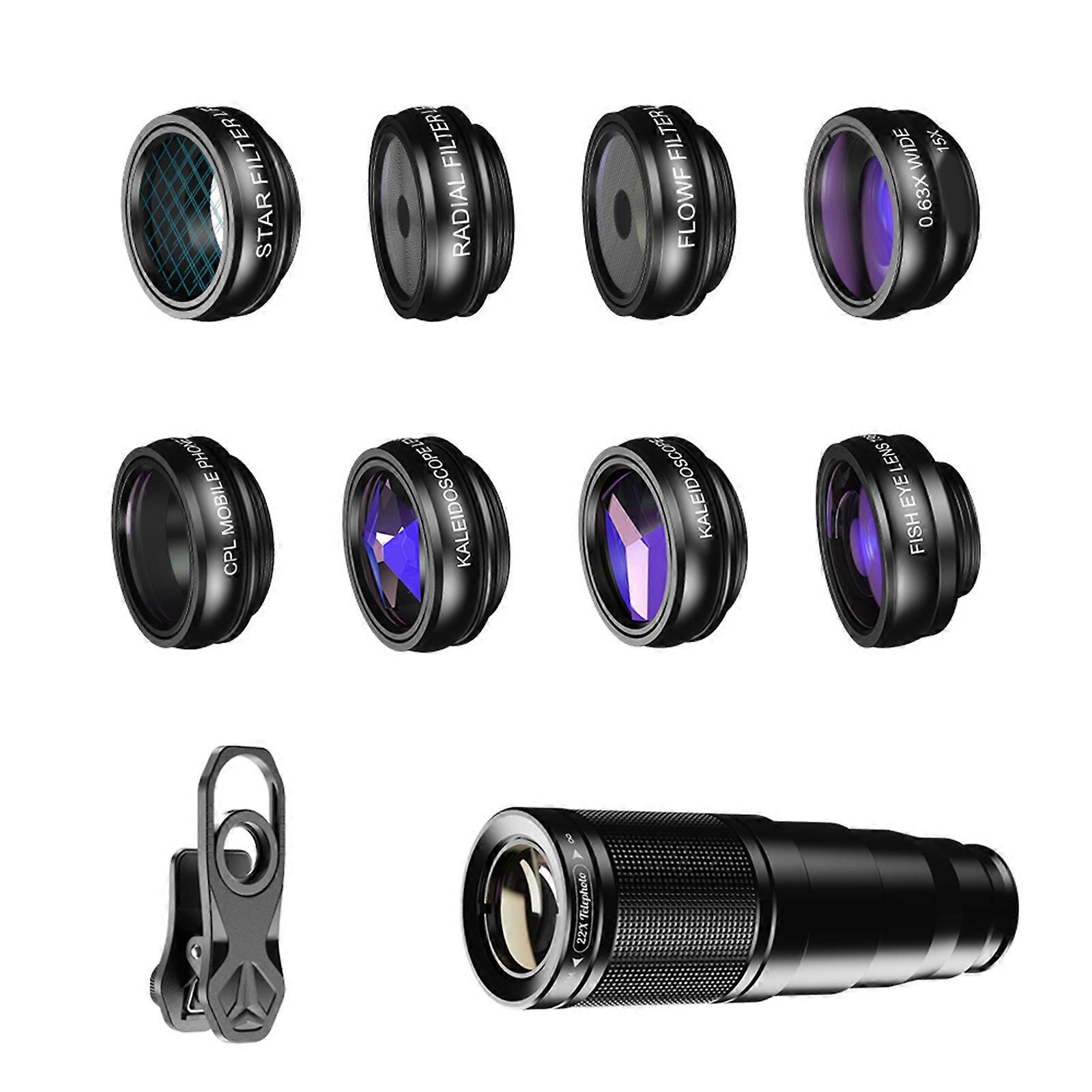 Kaleidoscope Wide Angle Macro Lens Radial CPL Star Flow Filters Lens Mobile Phone Lens Set 22X Telephoto Fisheye Lens Multicolor