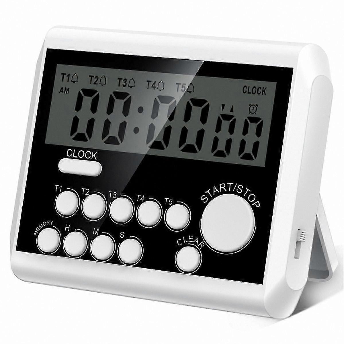 Digital Kitchen Timer with 5 Channels, Large LCD Display, Clock Mode, Loud Alarm for Cooking