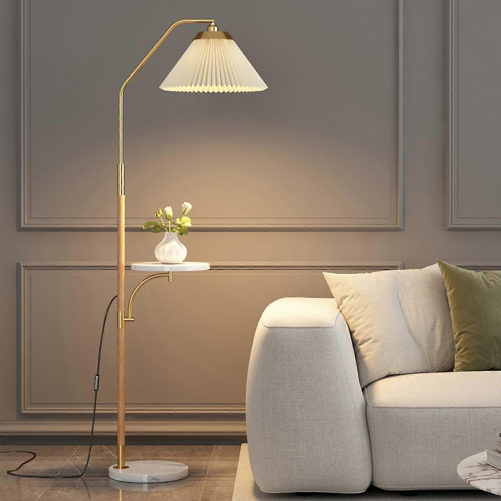 Floor Lamp With Table Tray, White Pleated Shade, Pivot Joint On Shade, LED Adjustable Floor Lamp For Bedroom/Living Room