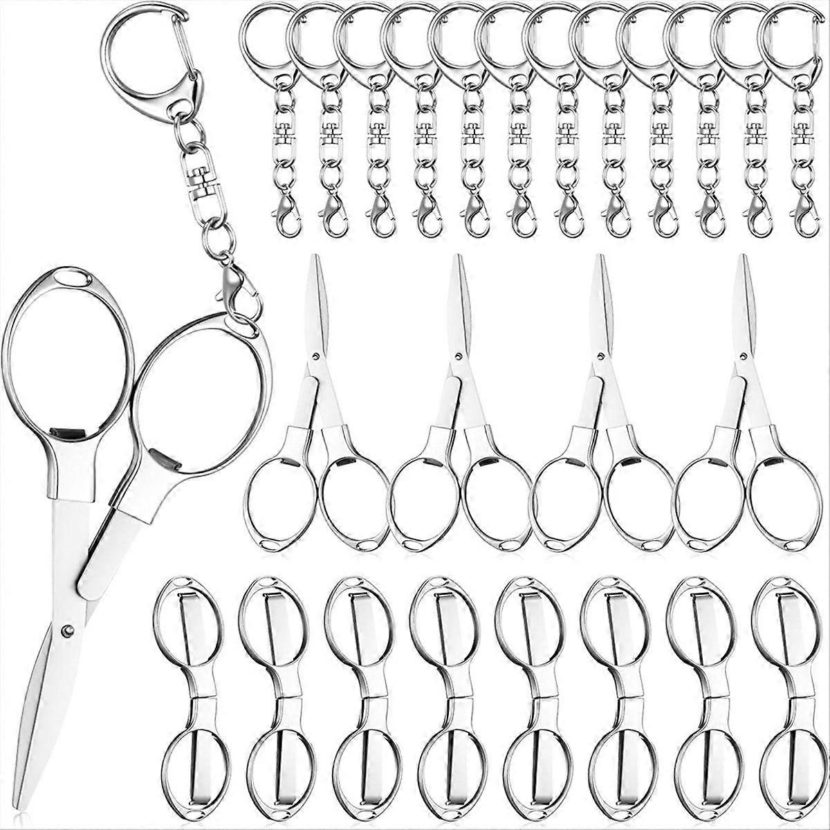 12 Pcs Folding Stainless Steel Scissors with 12 Keychains Portable Mini Badge-Safety Scissors for N