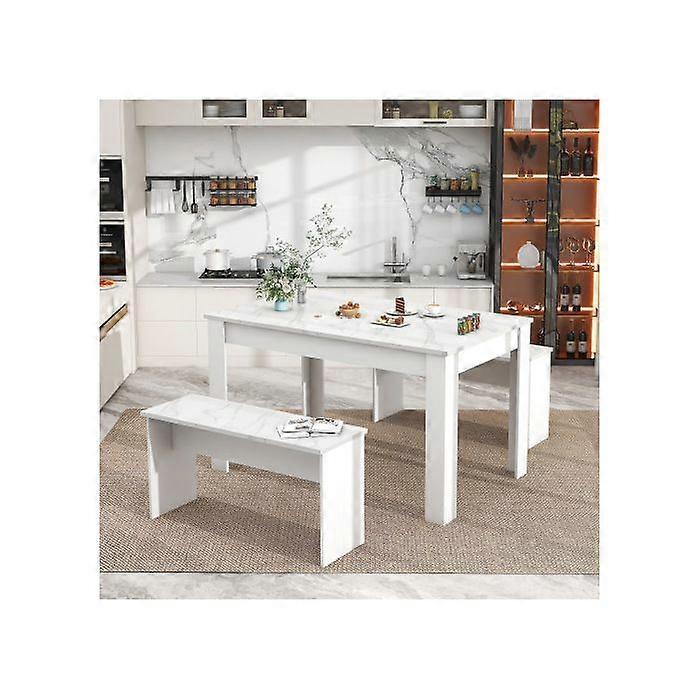 Dining Table with 2 Benches Dining Table Set for Kitchen, Dining Room, Small Space Artificial Marble White