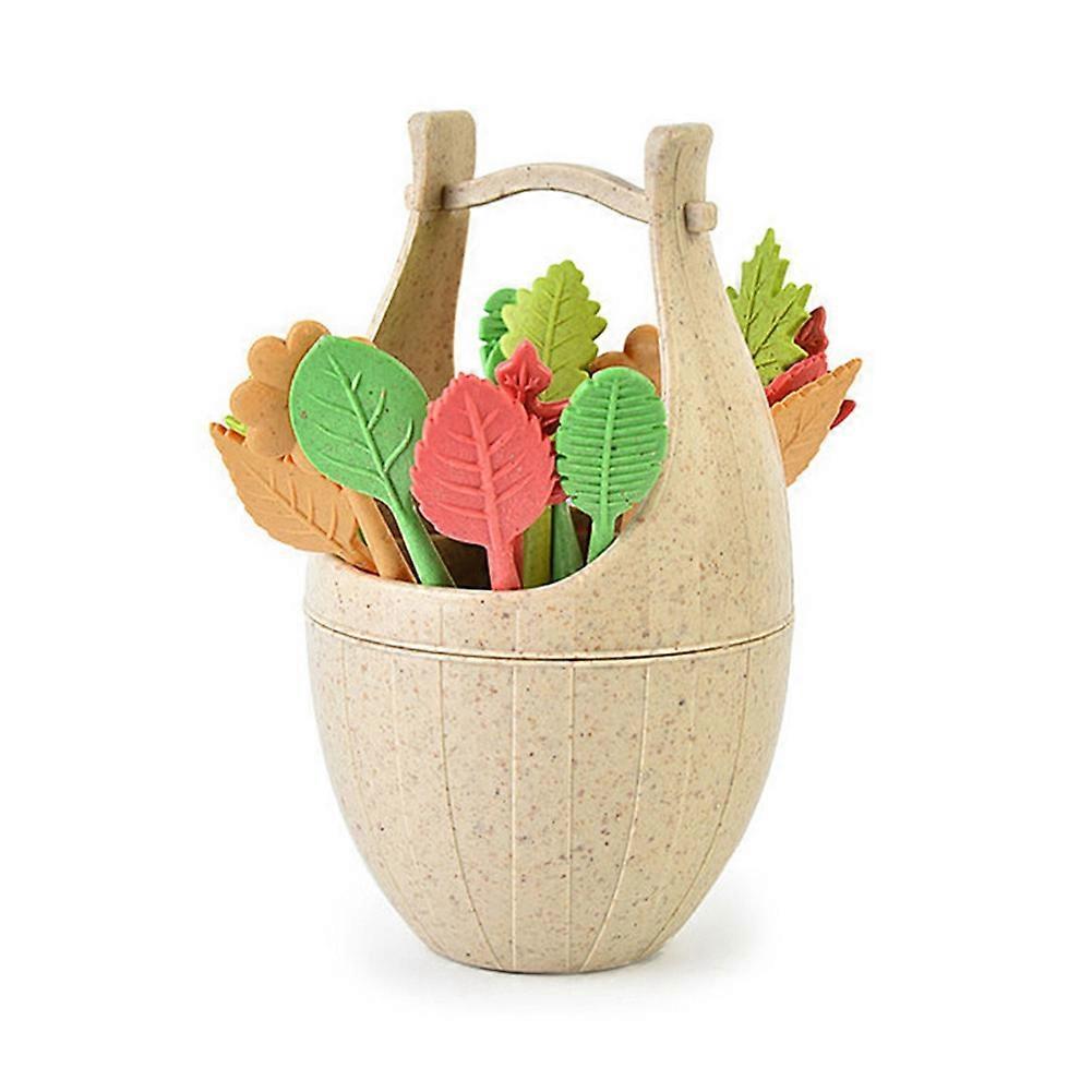 Wheat Straw Fruit Fork With Storage Bucket Mini Toothpick,Beige