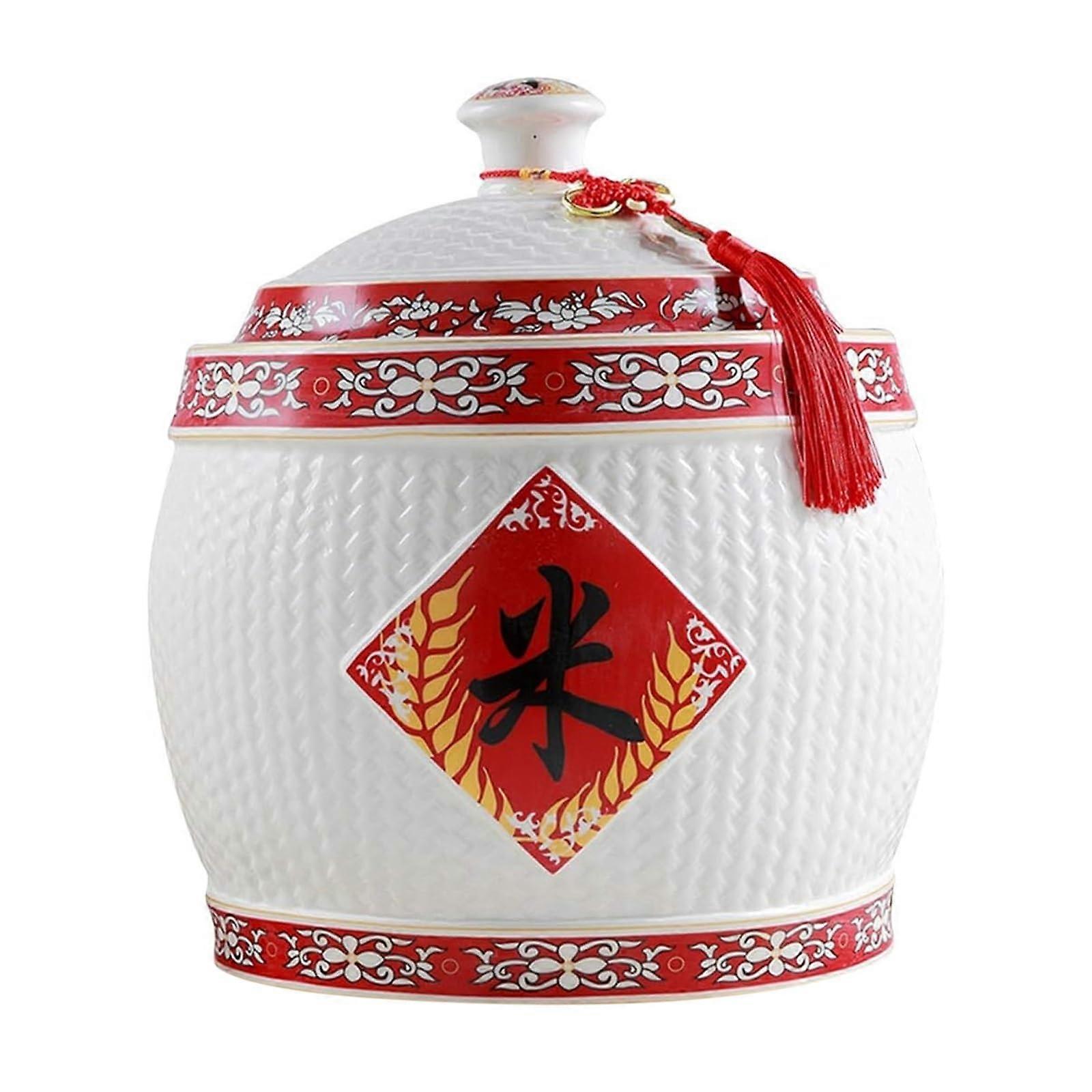 Large Ceramic Rice Storage Container with Airtight Lid, Traditional Chinese Grain Jar 5KG Capacity