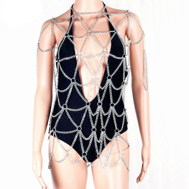 Fashion Silver Color Full Body Chain Necklaces Sexy Mesh Statement Women Dance Wear Festival Bikini Jewelry