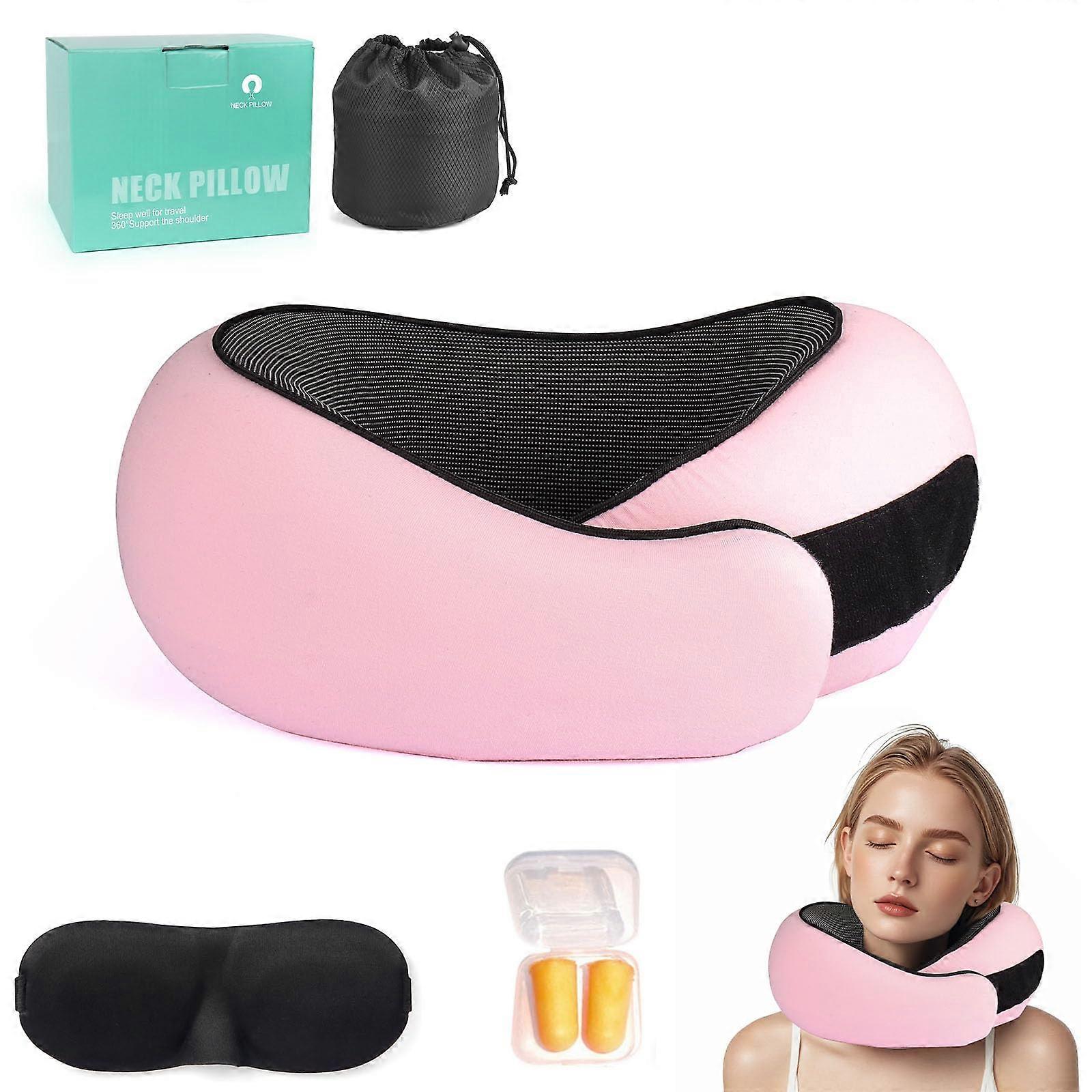 Memory Foam Travel Neck Pillow Set with Eye Mask and Ear Plugs, Pink Ergonomic Support for Airplane and Road Trips