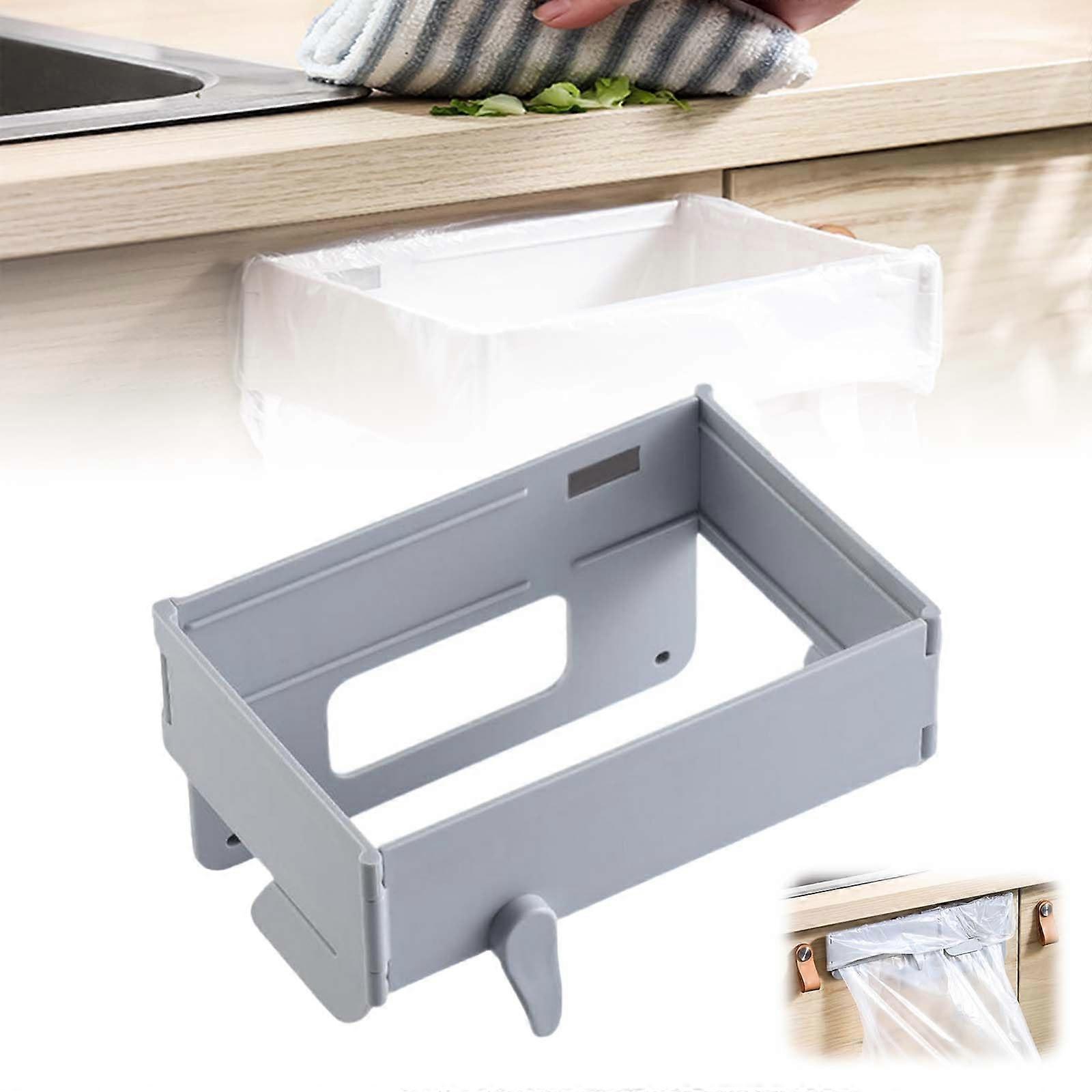 Foldable Trash Bag Holder for Kitchen Cabinet Door, No Drill Wall Mounted Garbage Rack Gray 1PC