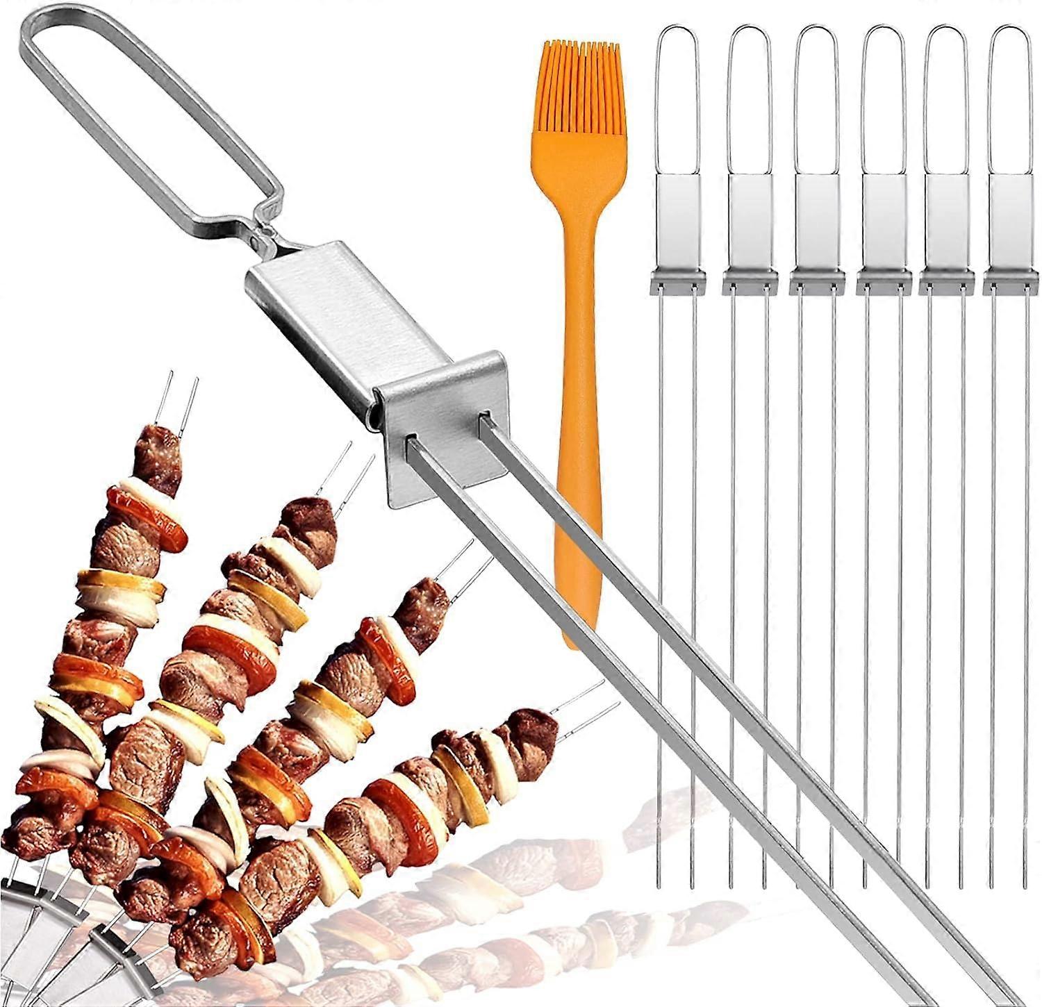 BBQ Skewers 17 Inch Stainless Steel with Wooden Handle Push Bar Double Prong for Meat and Veggies
