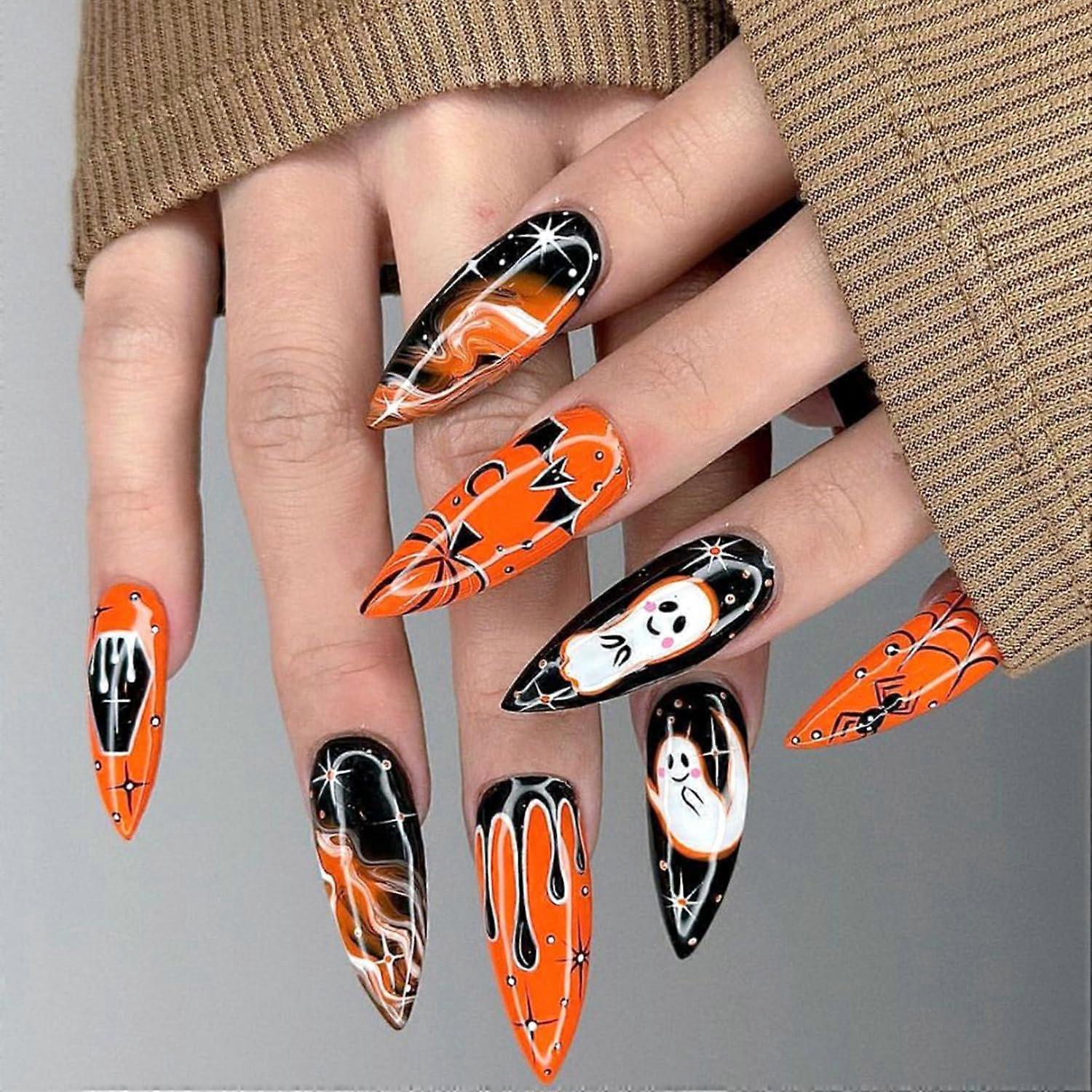 Halloween Press On Nails Long Almond Full Cover Ghost Pumpkin Spider Web Design Reusable Set
