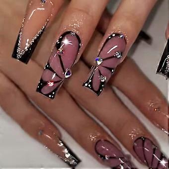 Long Coffin Press On Nails with Black French Tips and Butterfly Design, Glossy False Nails for Women