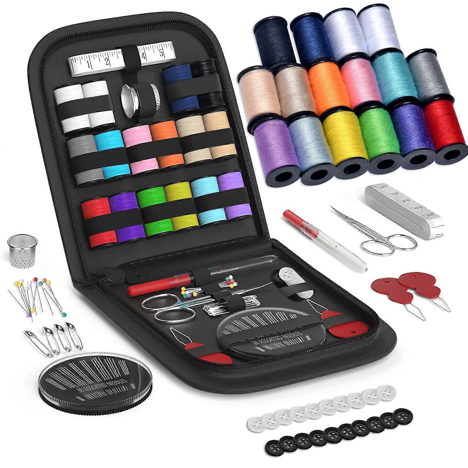 Travel Sewing Kit with Complete Accessories, Durable Case, Thread Spools, Needles, Scissors (Black S)