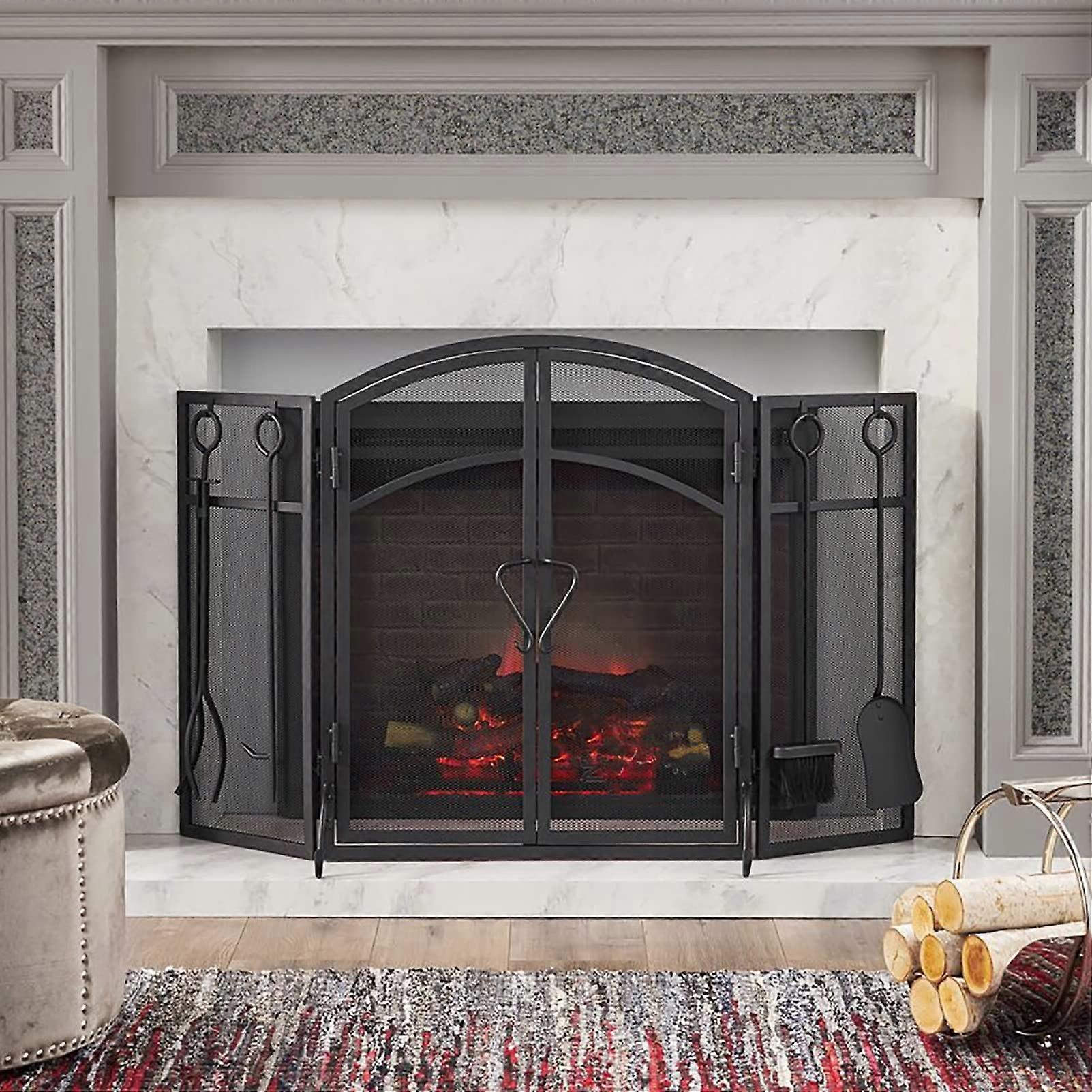 Fireplace Screen with Doors, Black Wrought Iron 3Panel Foldable Spark Guard Mesh for Safety