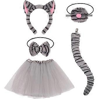 Ensemble de 5 accessoires pour déguisement de chat tigré pour filles : costume de chat gris avec bandeau, nez, nœud papillon, tutu et queue. Déguisement d'animal pour la Journée mondiale du livre et le carnaval.