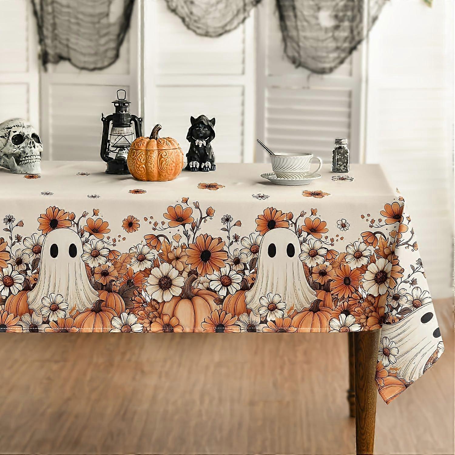 Halloween Tablecloth, Spooky Cute Pumpkin Patch Rectangular Table Cover, Washable Fall Party Dinner Decoration