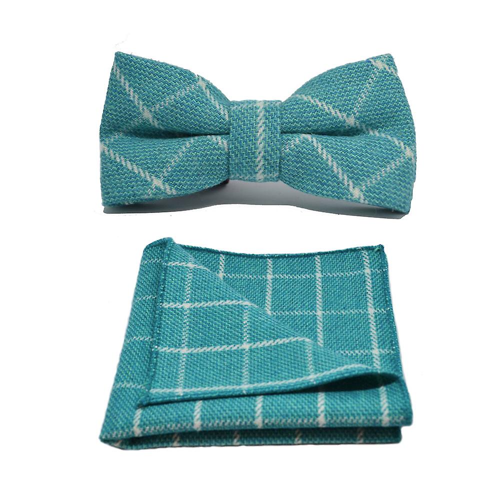 Cyan Birdseye Check Bow Tie & Pocket Square Set