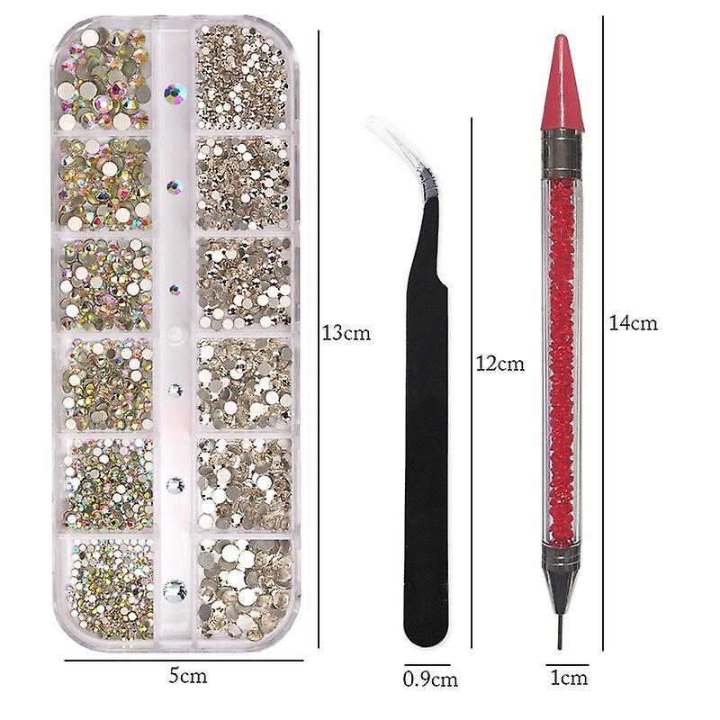 12 شبكات متعددة الأحجام واضحة كريستال AB مسمار أحجار الراين مجموعة DIY مسمار الفن الديكور الماس مع أيضا