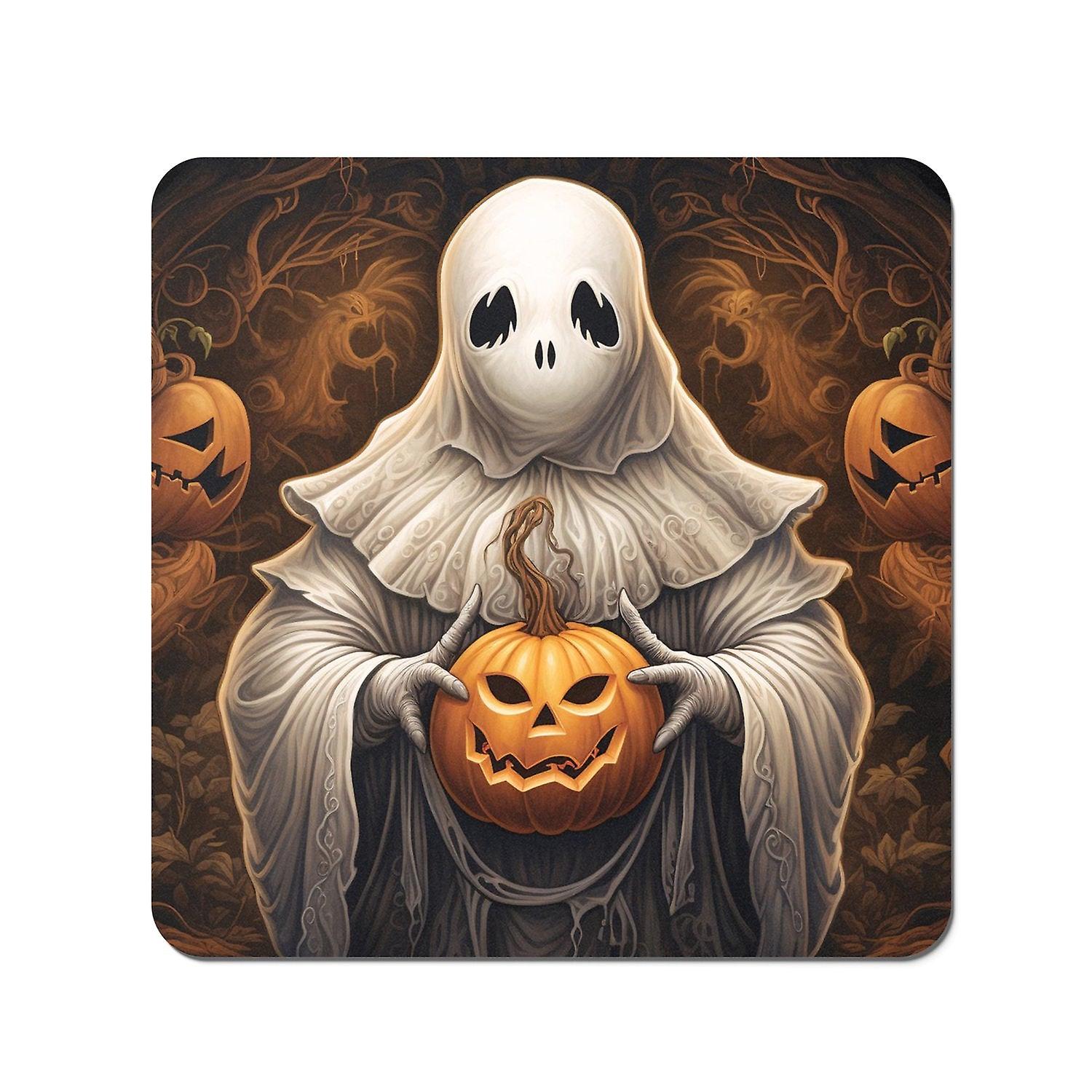 Spooky White Ghost Holding Pumpkin Coasters