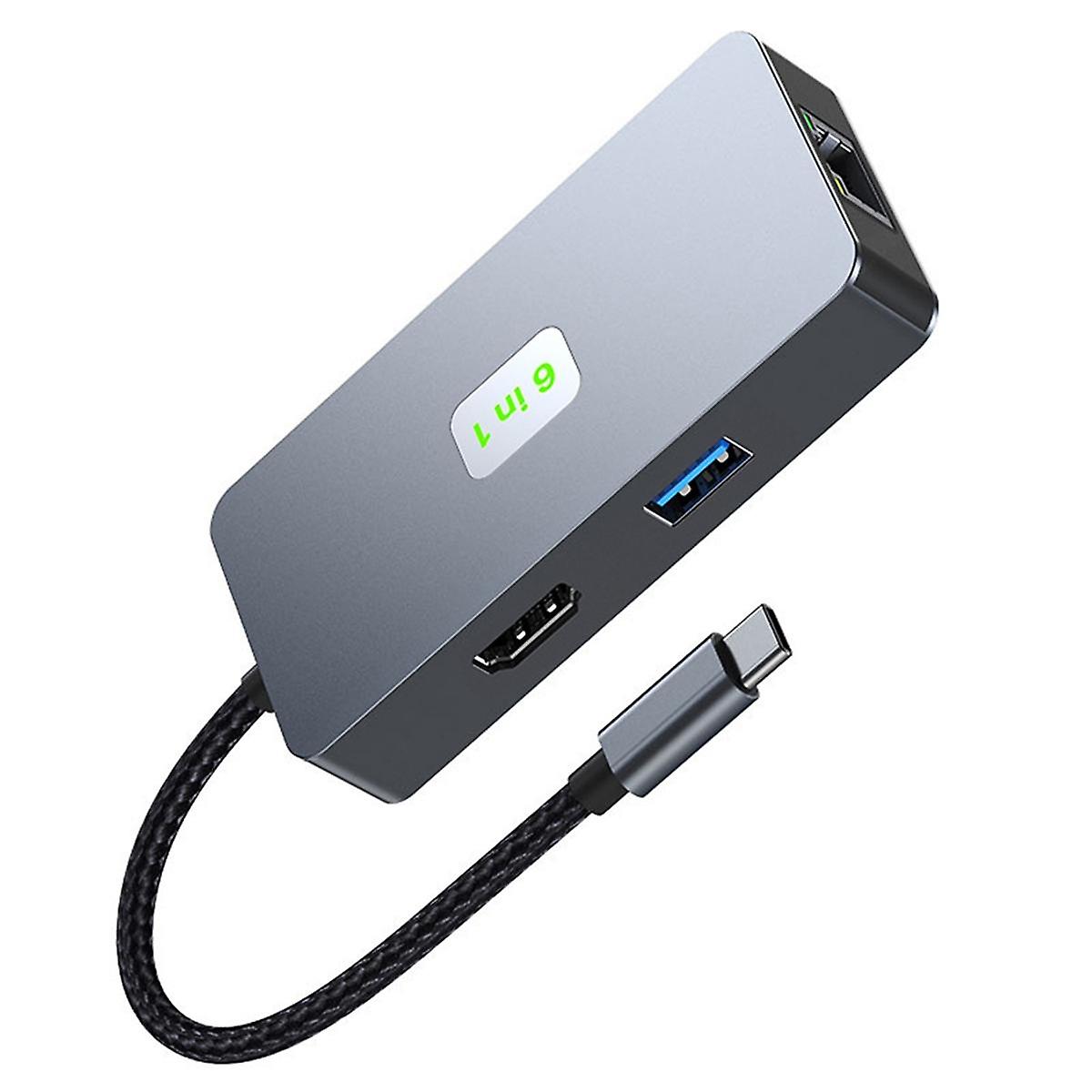6-In-1 USB C Hub USB 3.2 Type C Hub Gigabit+USB3.2(10Gbps)+4K/60Hz HD+PD100W Fast Charge Laptop Doc