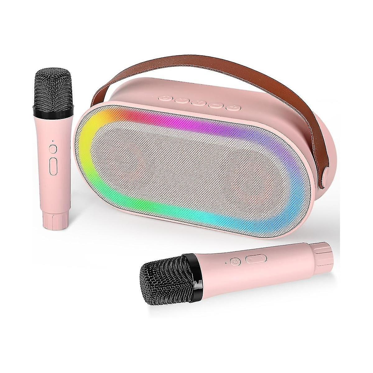 Mini Portable Bluetooth Speaker Set With 2 Wireless Microphones With Led Light (Pink)
