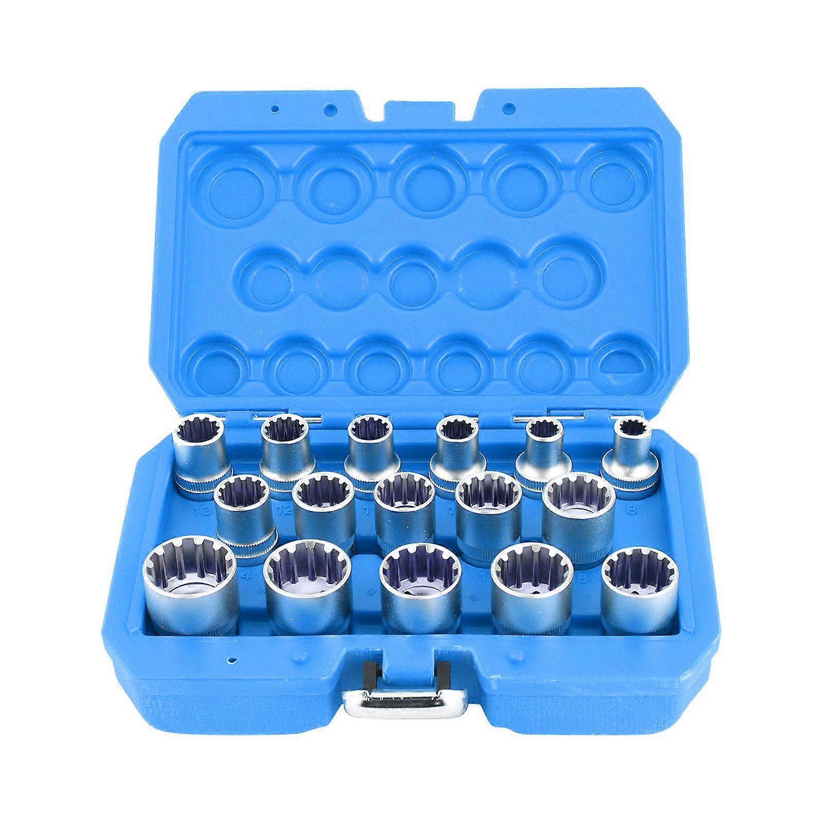 16pcs 1/2in DR. SAE/METRIC Spline Socket Set Mirror Nickel Finish 12?Corner Universal