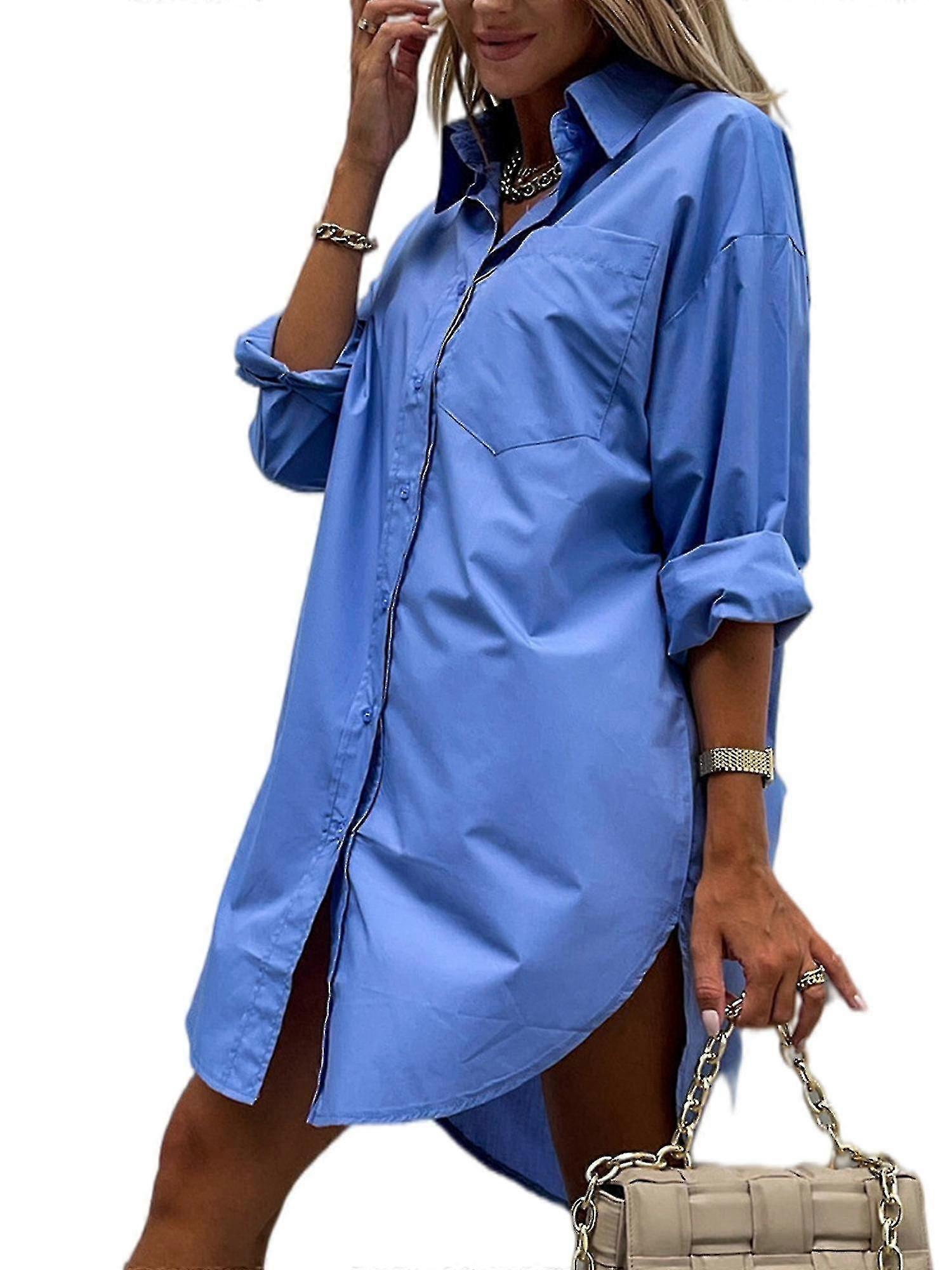 Damen Langarm Kragen Lange Button Down Hemd Bluse Tops