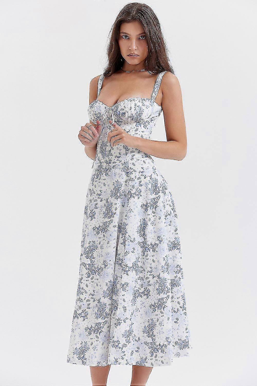 Tryck Bustier Sundress Blommigt tryck för kvinnor Ärmlös Ruched Byst Split Lår Boho Midi Klänning (gratis frakt)