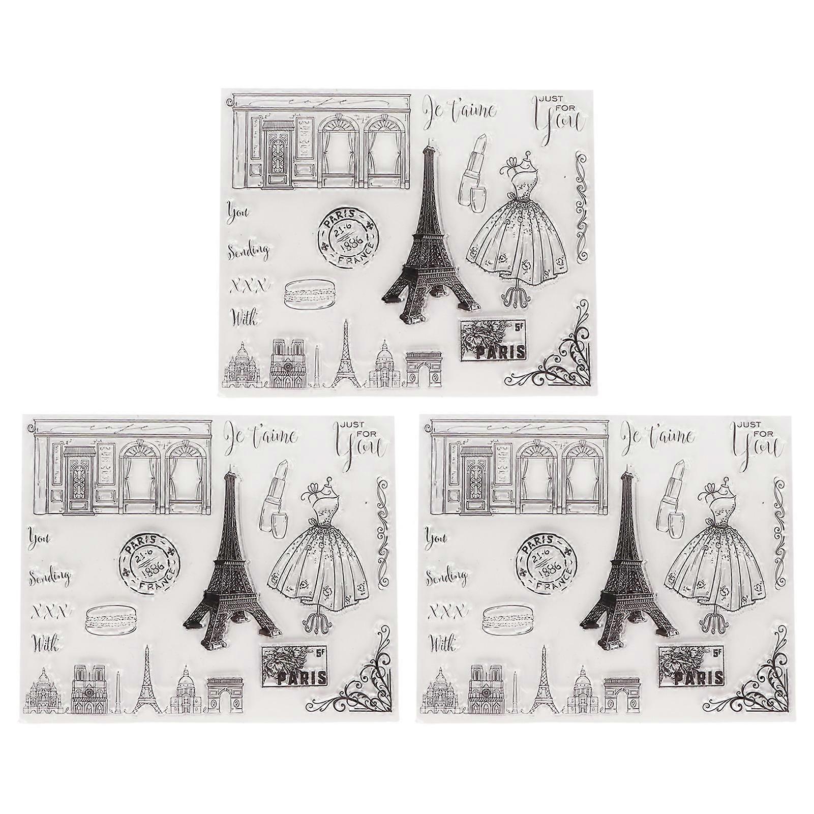 3Pcs Clear Stamp French Buildings Theme Safe Reusable TPR Easy Operation Transparent Stamp for Album Card Envelope