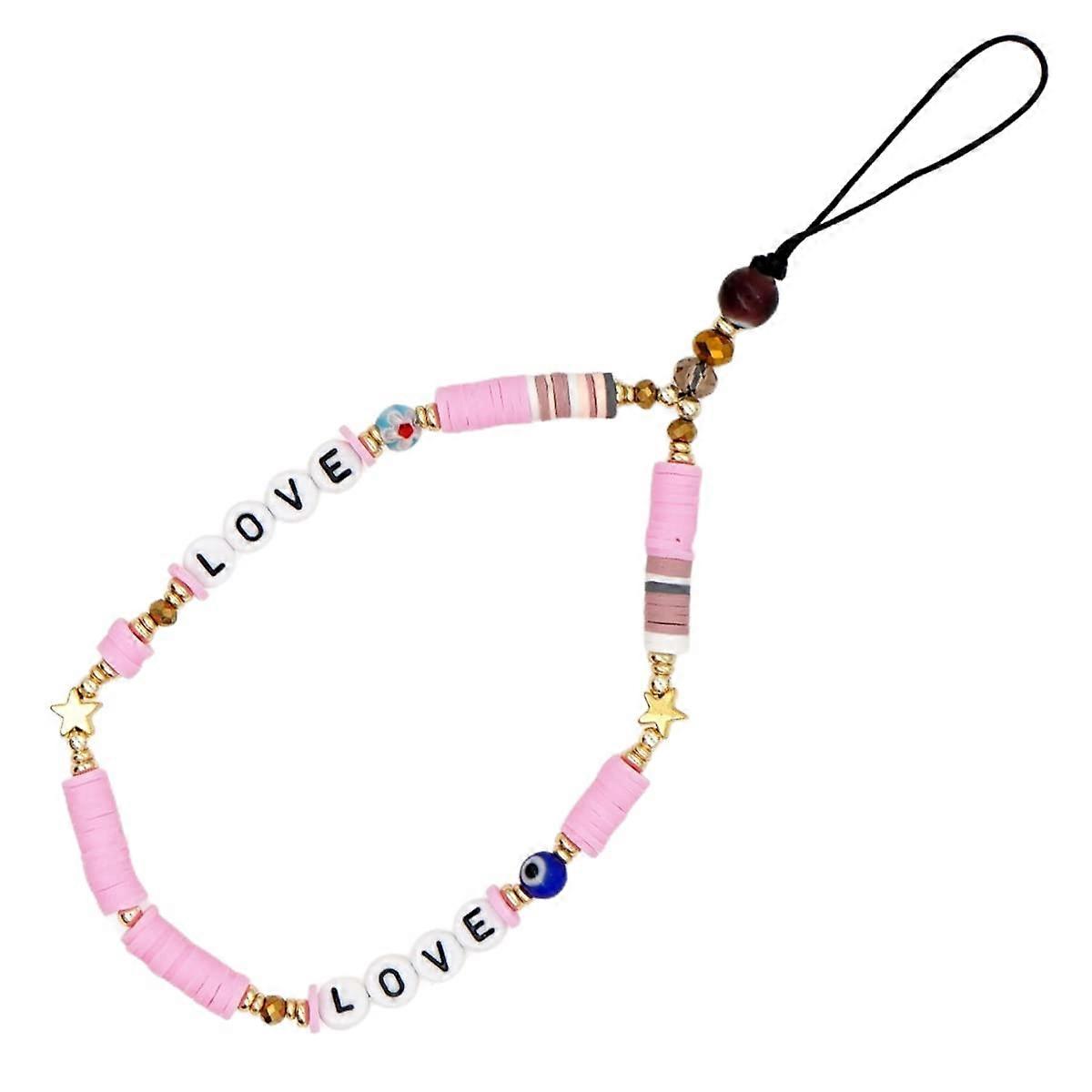 Smiley Face Evil Eye Beaded Phone Charm String Colourful Beads Lanyard Wrist Strap Anti-Lost Polymer Clay Phone Chain Key Chain B