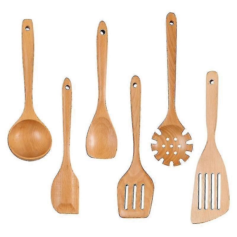 6pcs Wooden Kitchen Utensils Set Non-stick Slotted Spatula Spoon With Long Handle Cookware Cooking Tools For Pasta Salad Soup