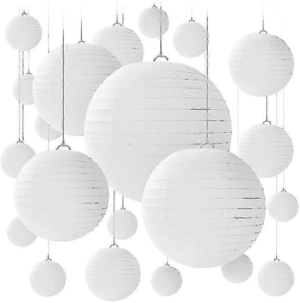 20 Pcs White Round Paper Lanterns With Wire Ribbing, Different Sized