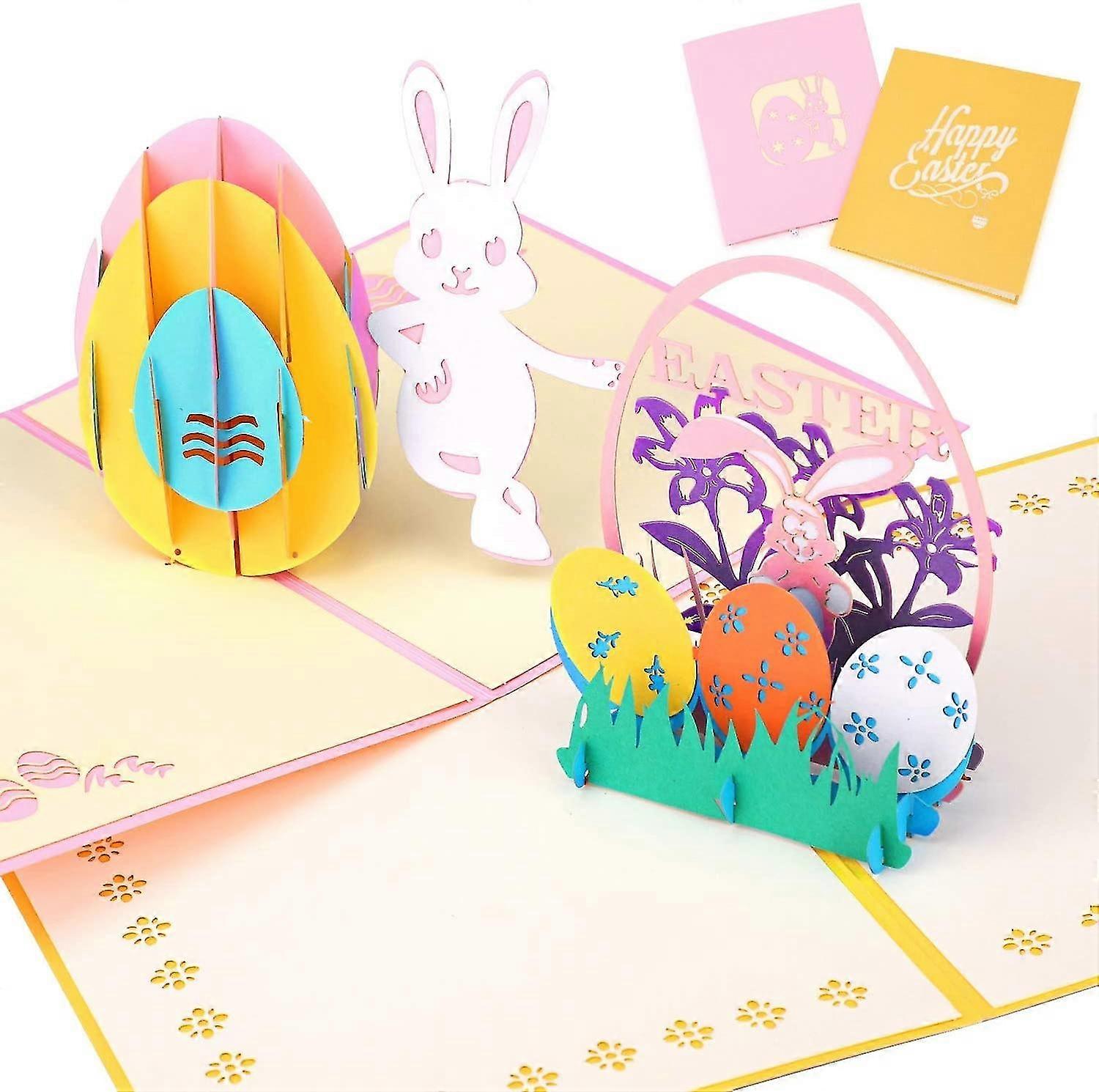 2023 - 2 Pack Happy Easter Greeting Cards, Easter Bunny Flower Card 3d Egg Pop Up Easter Card With Envelope