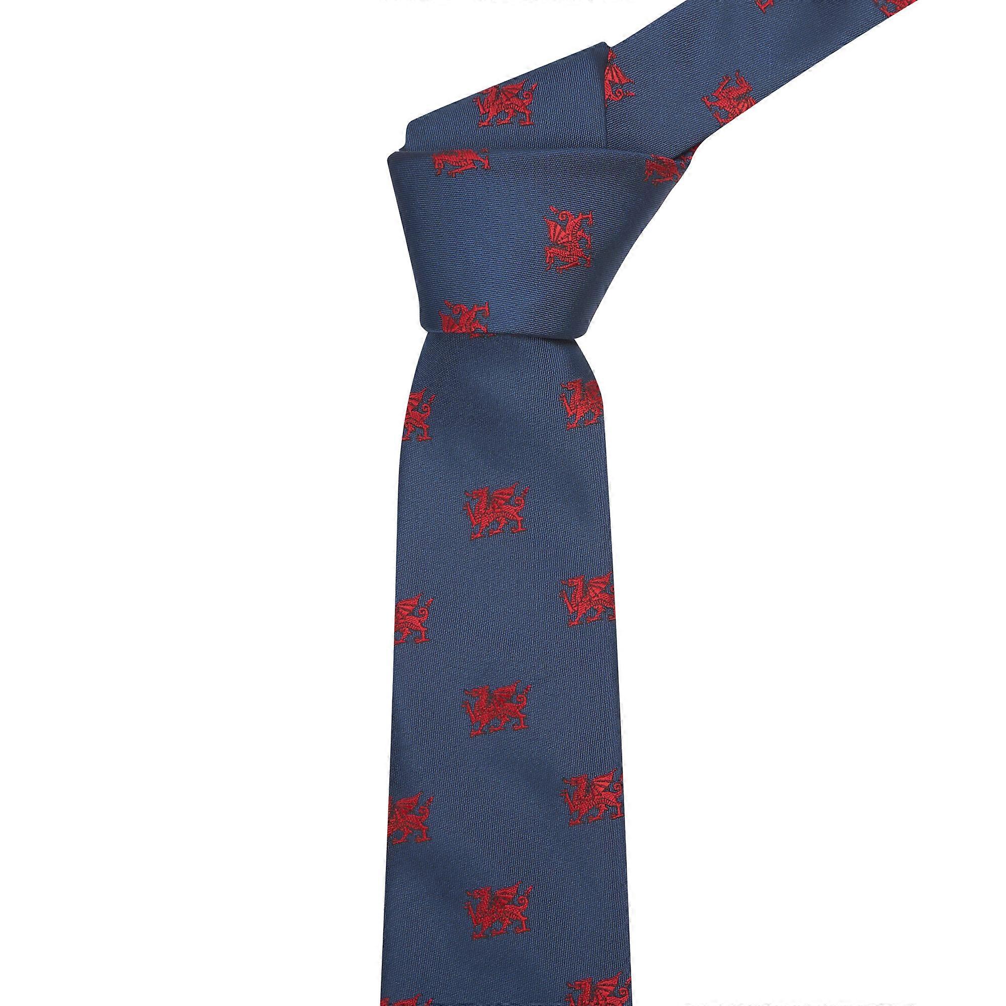 Navy Blue Welsh Dragon Embroidered Tie