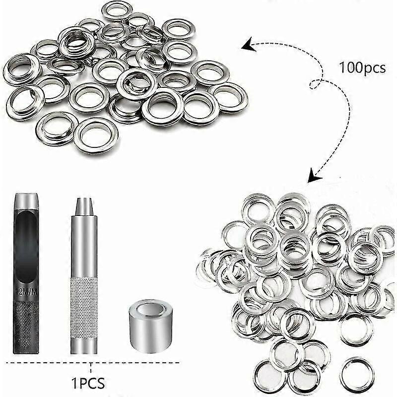 Eyelet Tool Kit, 100 Set Eyelet Sets, Eyelets For Tarpaulins, Eyelet Grommets Kit, For Canvas Tarpaulin Tent Repair Silver