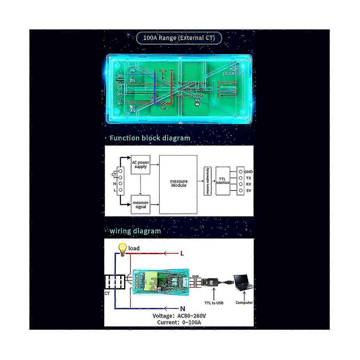 100a Pzem 004t 3.0 Wattmeter mit Gehäuse + offenem ct kwh Meter Volt-Ampere-Stromtestmodul für Ttl Com2