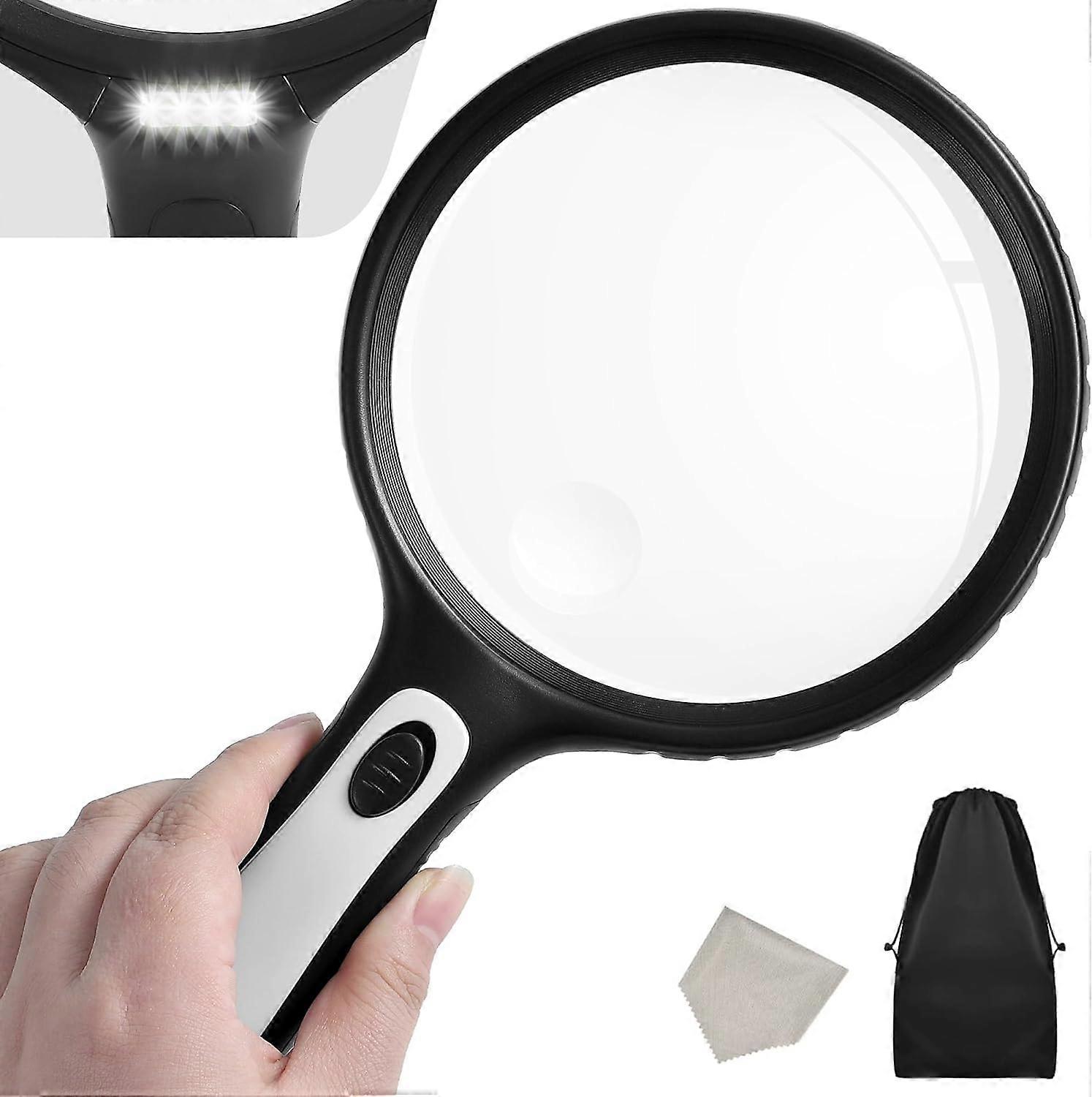 Large Magnifying Glass with Light, 5X 15X Handheld Clear Magnifying Glass Lighted Reading Magnifier for Seniors Kids Exploring