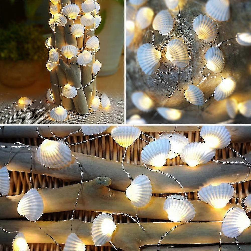 Ocean Real Seashell 0.8"(h) 40 Led String Lights 13.85ft Battery Operated Waterproof Warm White With Timer And Remote Control For Beach Themed Dcor Ya
