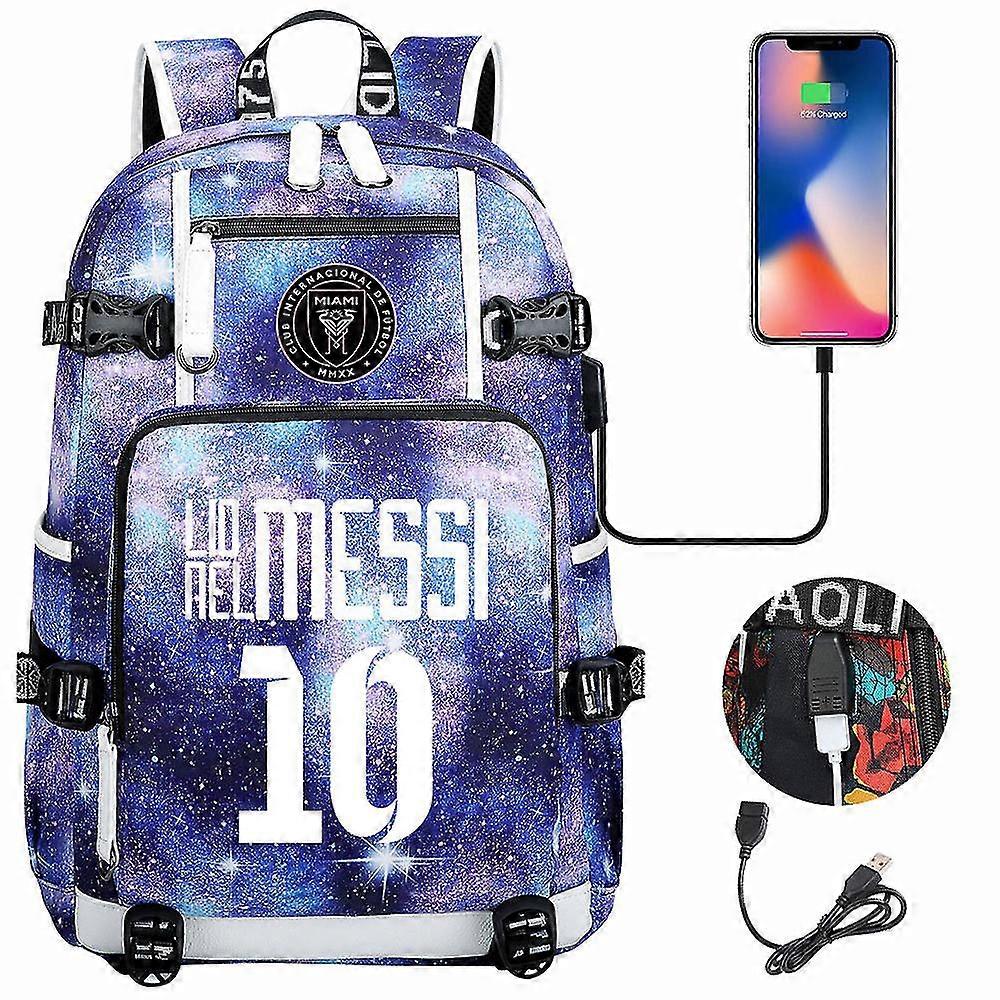 Fodbold Messi rygsæk | Rummelig vandtæt rejsetaske | Sort skoletaske med USB-oplader | Ideel til rejser og skole