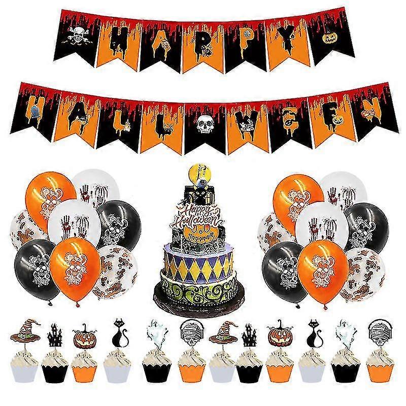 Halloween Skeleton Pumpkin Halloween Pull Tab Banner Latex Balloon Cake Insert Set