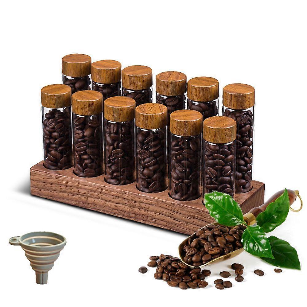 12pcs Single Dose Coffee Bean Storage Tubes Borosilicate Glass Coffee Bean Cellar Container with Lids Wooden Display Stand and Funnel for Countertop