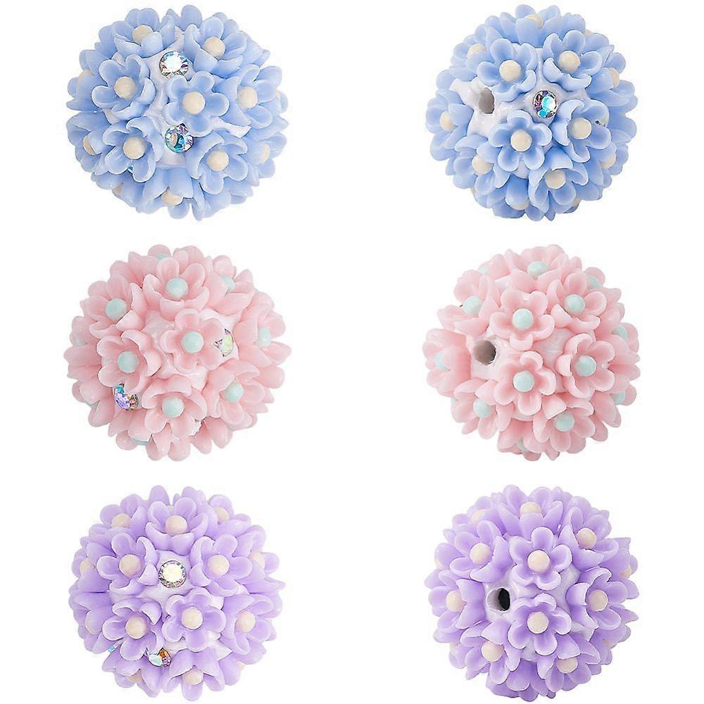 6Pcs 3 Colors Handmade Polymer Clay Rhinestone Beads with Acrylic Round with Flower Mixed Color 20~21mm Hole: 2mm 2pcs/color