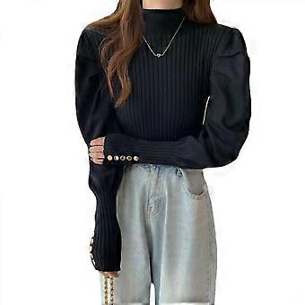 Women's Stand Collar Slim Fit Frilled Shoulder Solid Keyhole Blouse Top
