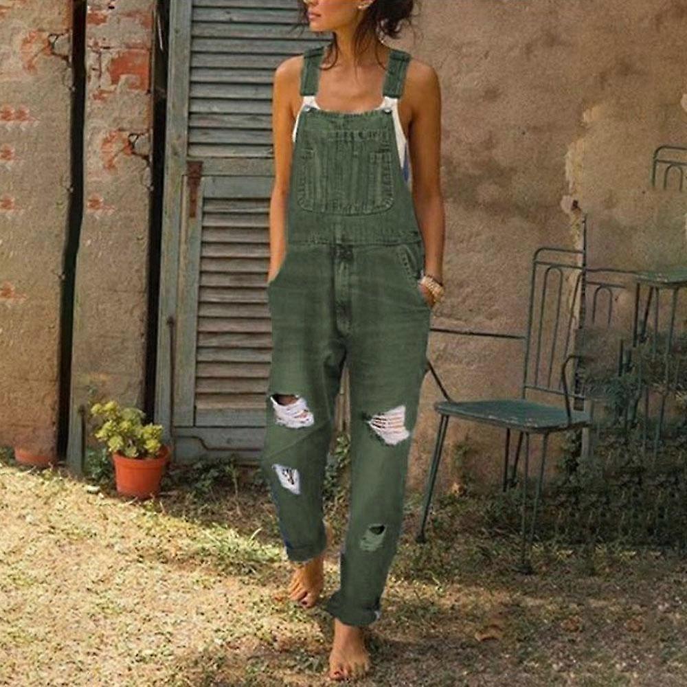 Women Retro Denim Bib Overalls Jeans Jumpsuits and Rompers Ladies Ripped Hole Casual Stretch Long Playsuit Pockets Jumpsuit
