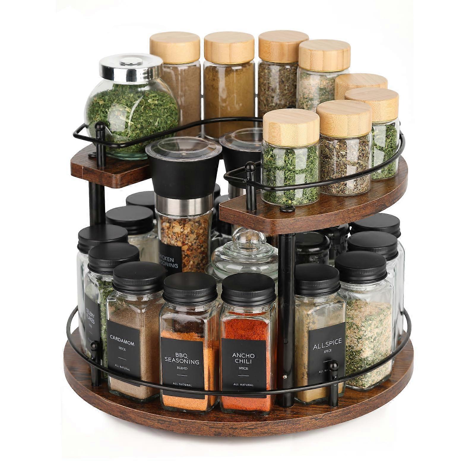 Turntable spice rack 2-layer wooden adjustable for kitchen storage Home use